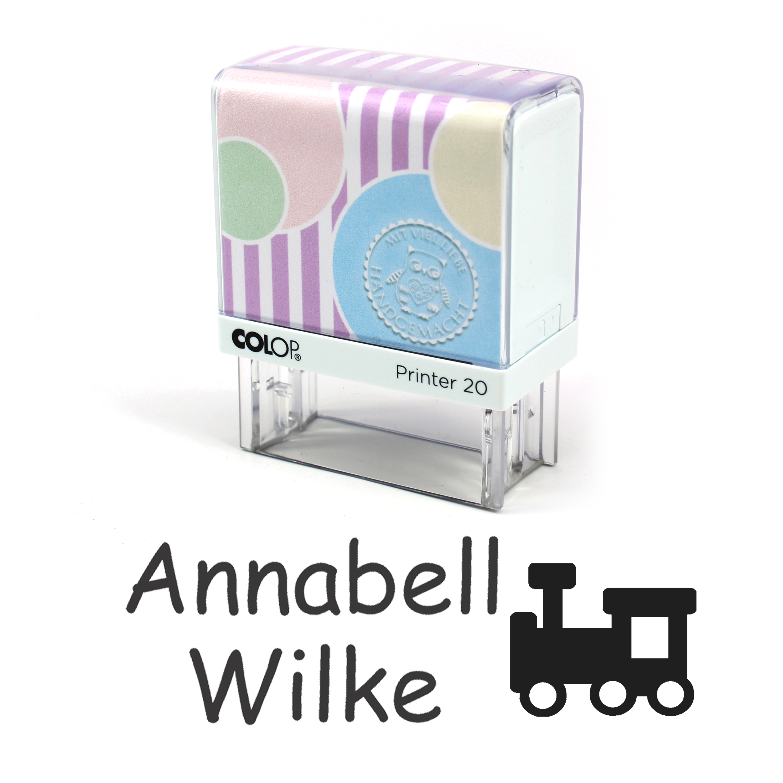 Textilstempel Lok - personalisierter Automatikstempel mit Namen - für Textilien Kleidung 38x14mm