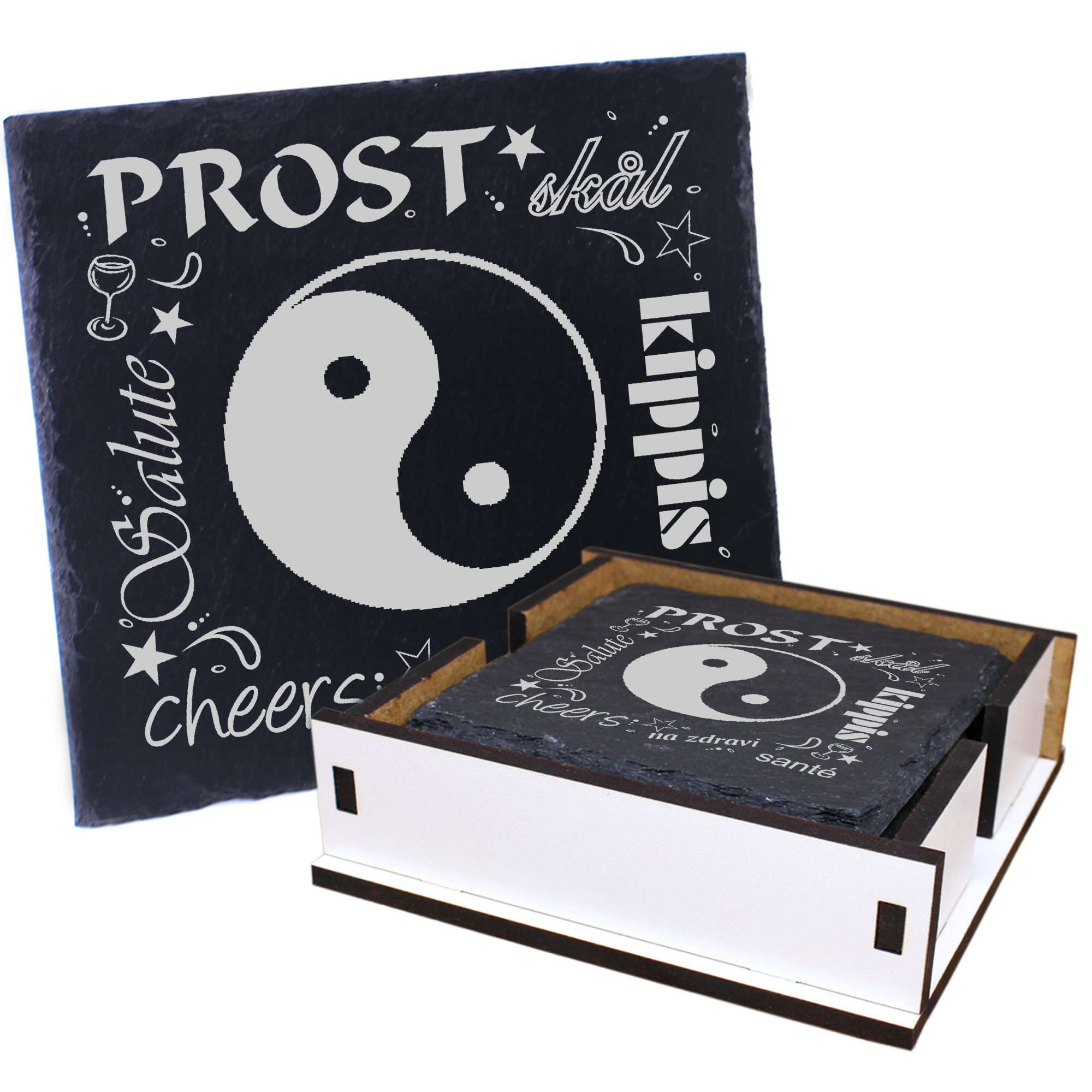 5 x Schiefer Untersetzer - Prost Ying und Yang - inkl. Holzbox & Flaschenuntersetzer