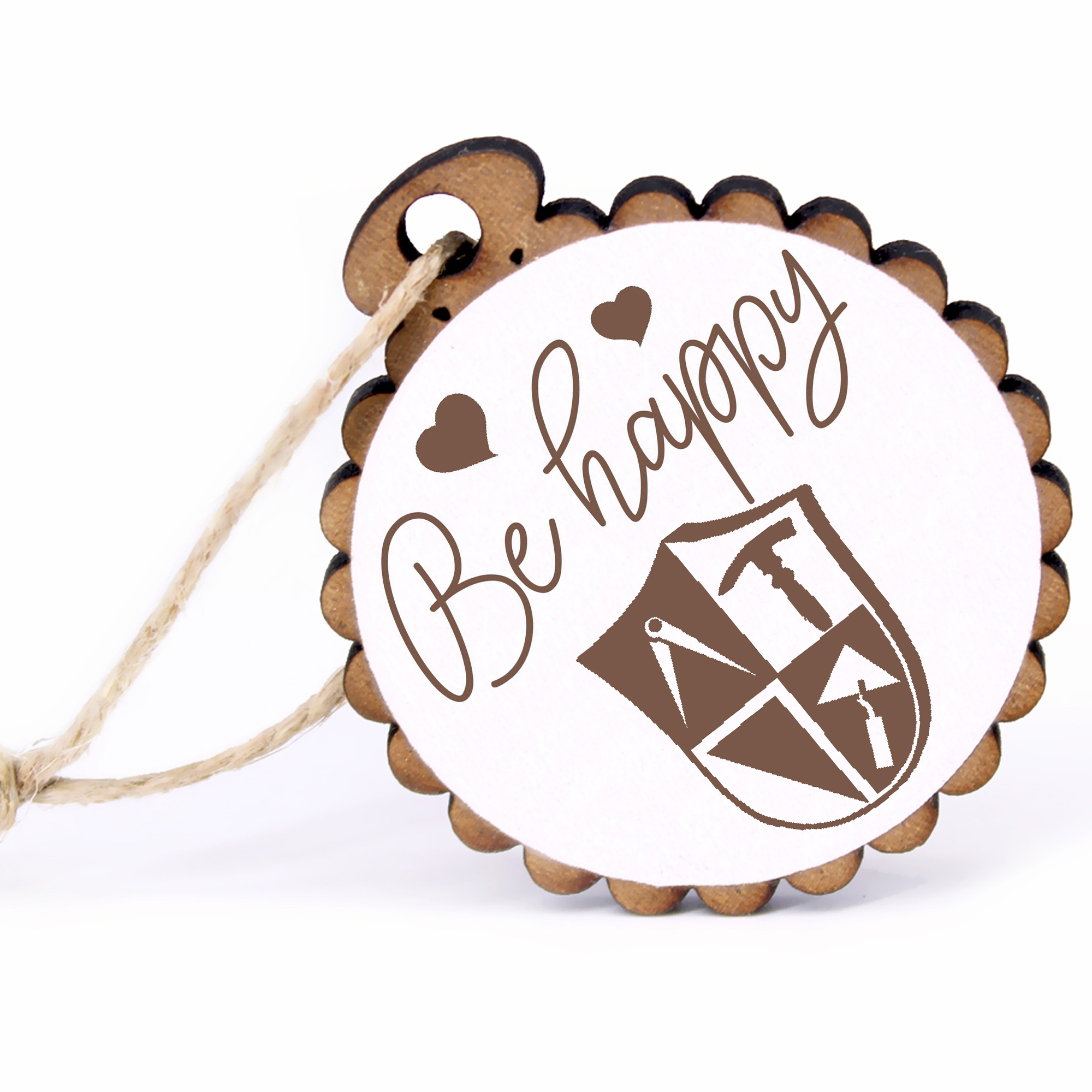 Geschenkanhänger - Be Happy Bau -  Holz Ø-5cm - mit Juteband