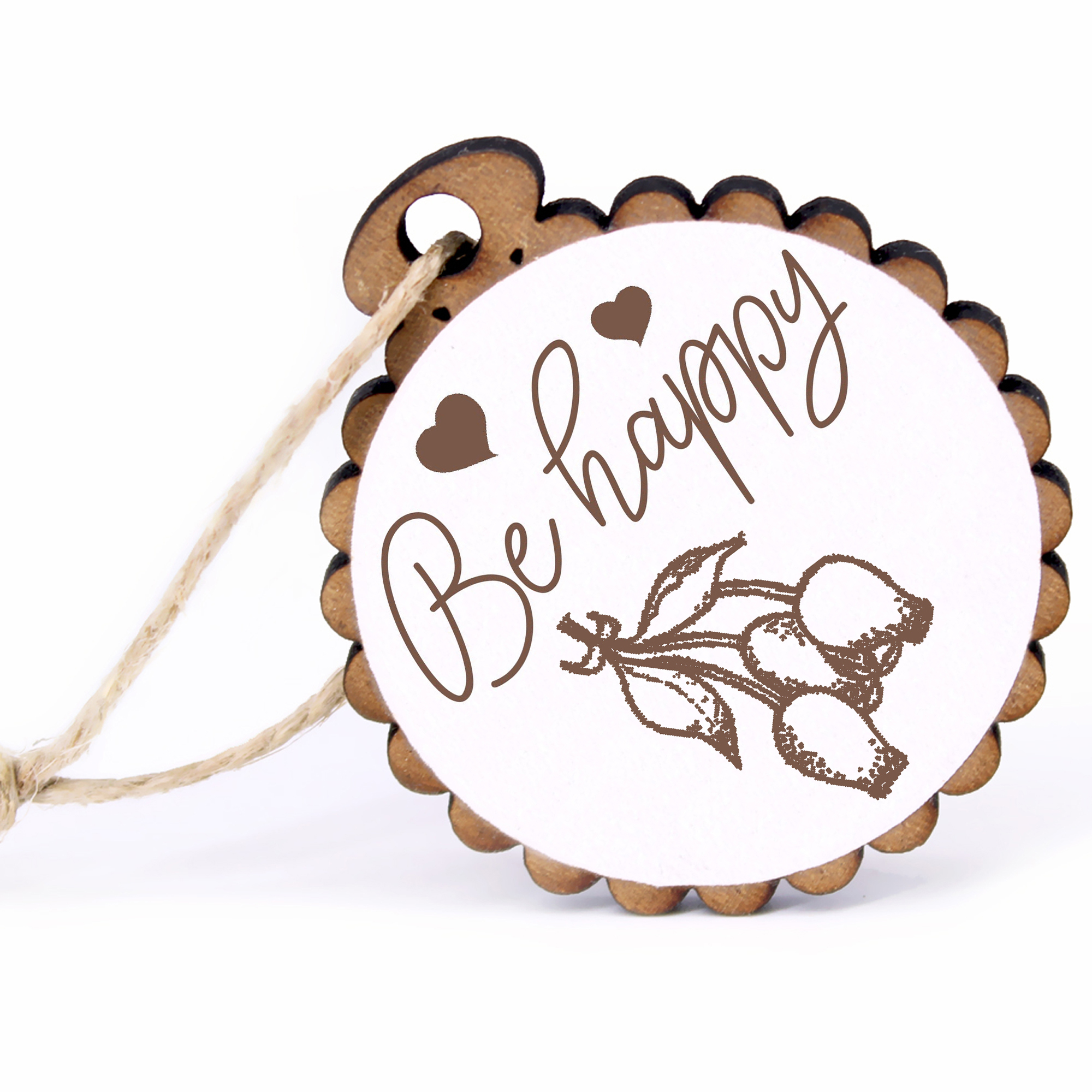 Geschenkanhänger - Be Happy Hagebutte -  Holz Ø-5cm - mit Juteband