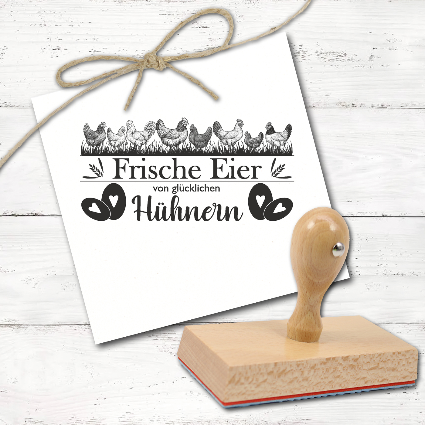 Stempel Frische Eier von glücklichen Hühnern - Hühner Holzstempel Eier Verpackung Motivstempel - Abdruck 100 x 50 mm