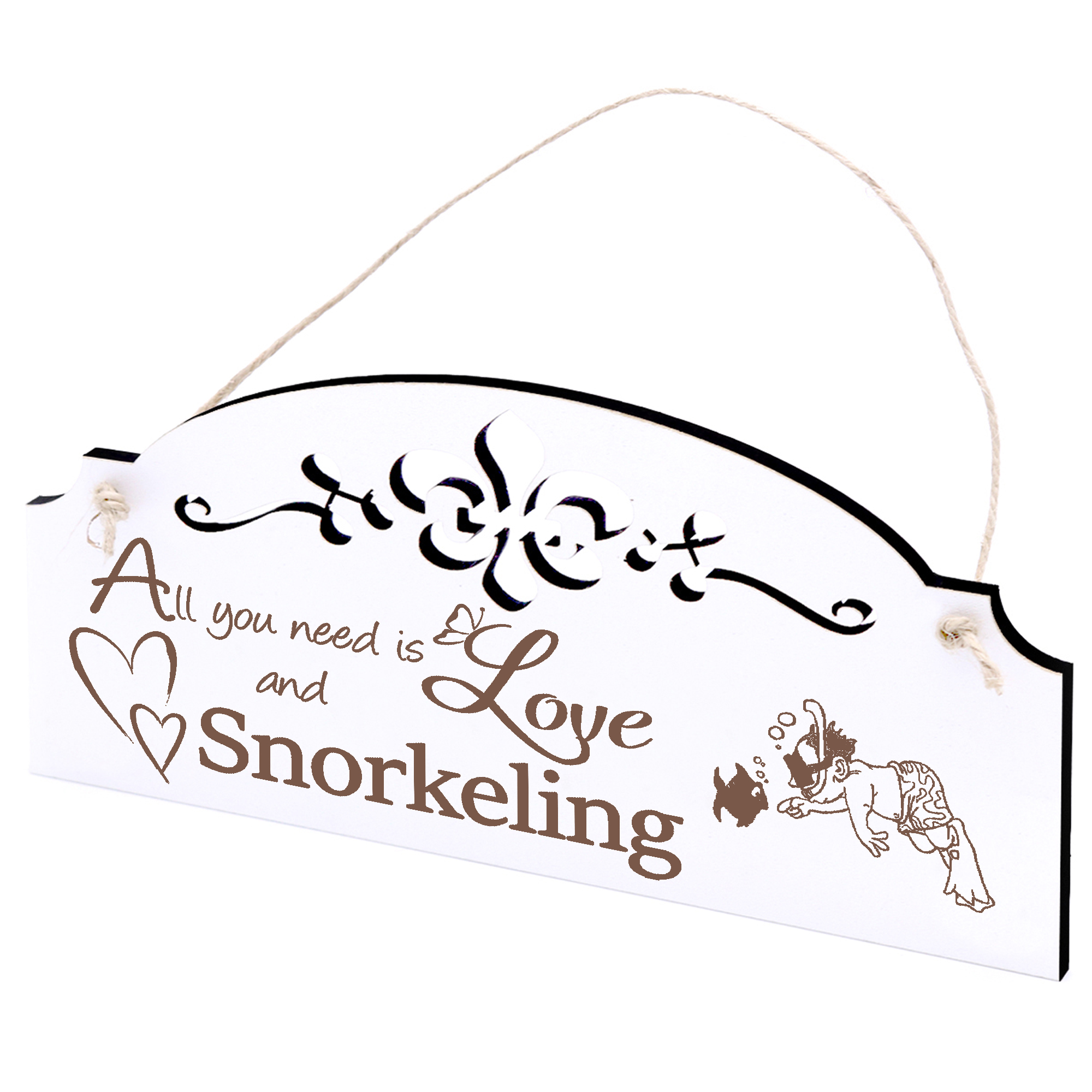 Schild Schnorcheln mit Fisch Deko 20x10cm - All you need is Love and Snorkeling - Holz
