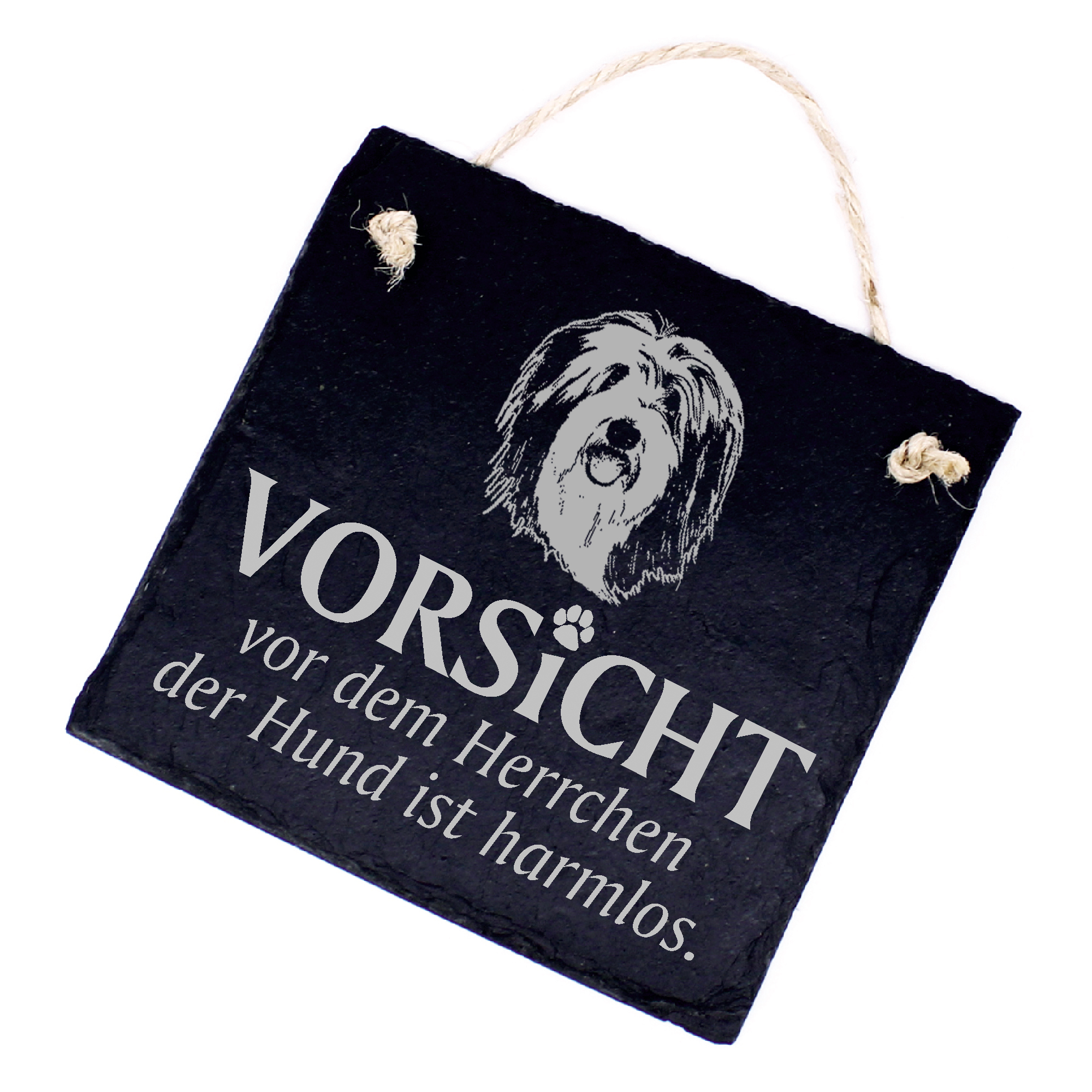 Hundeschild Bearded Collie Schild aus Schiefer - Vorsicht vor dem Herrchen - 11cm x 11cm