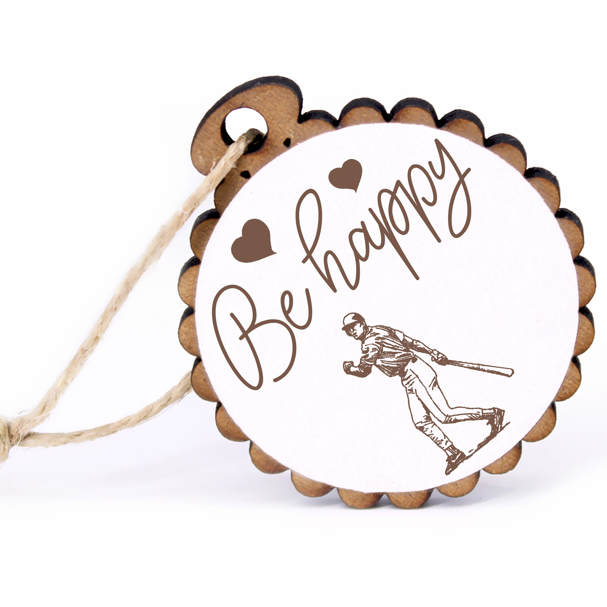 Geschenkanhänger - Be Happy Baseballspieler -  Holz Ø-5cm - mit Juteband