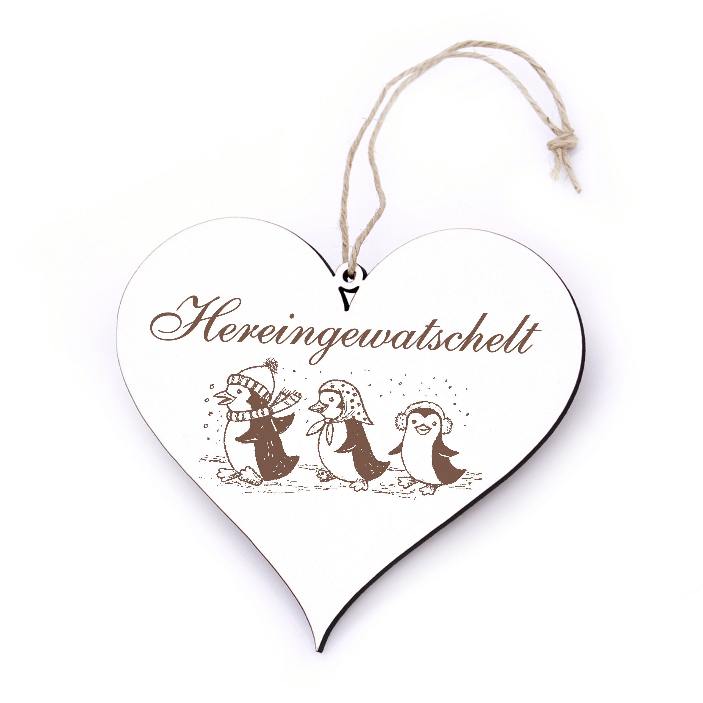 Shabby Herz Schild « HEREINGEWATSCHELT » mit Motiv 3 Pinguin