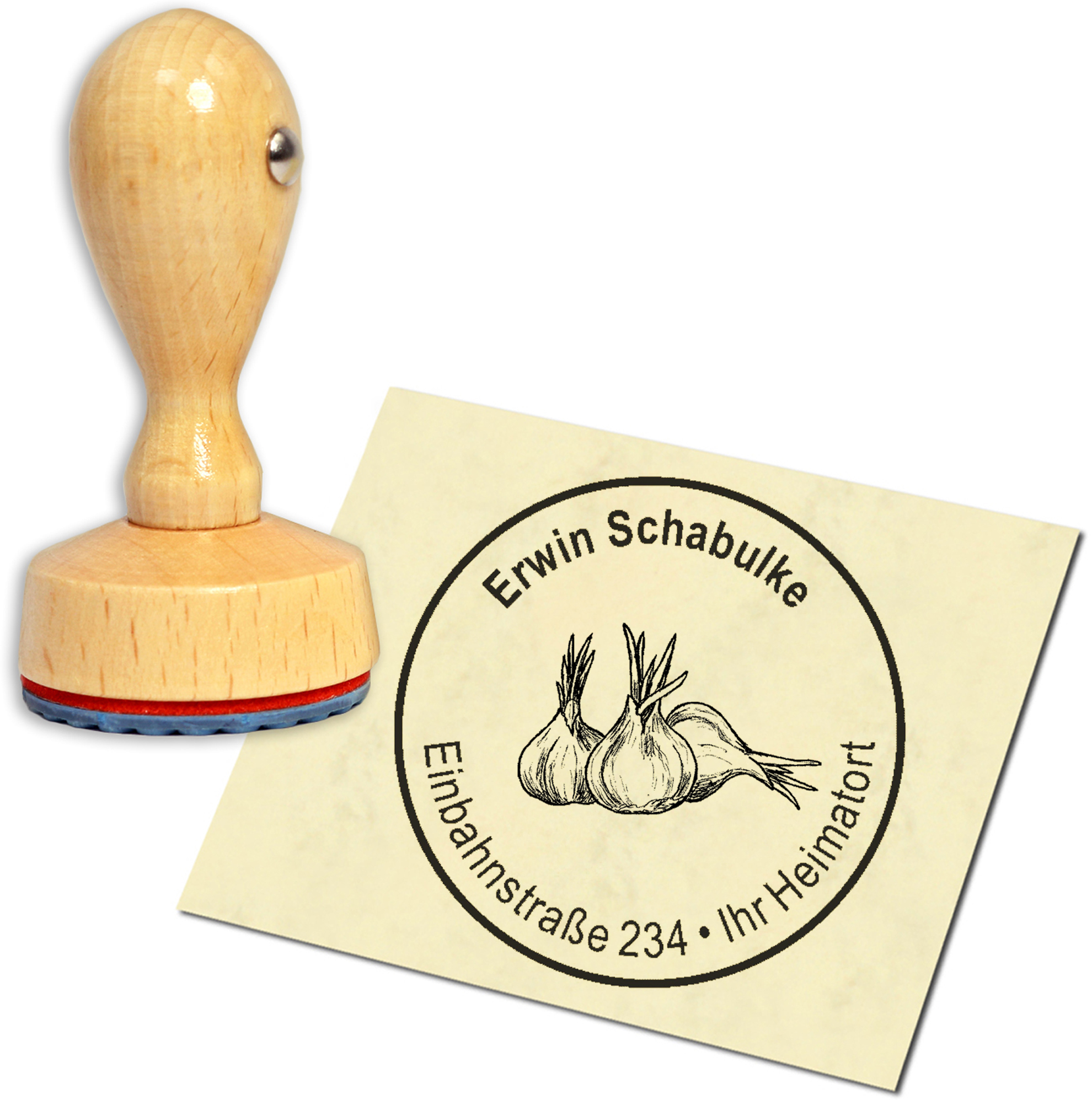 Stempel Adressstempel Holzstempel - Knoblauch drei Zehen - rund 40mm