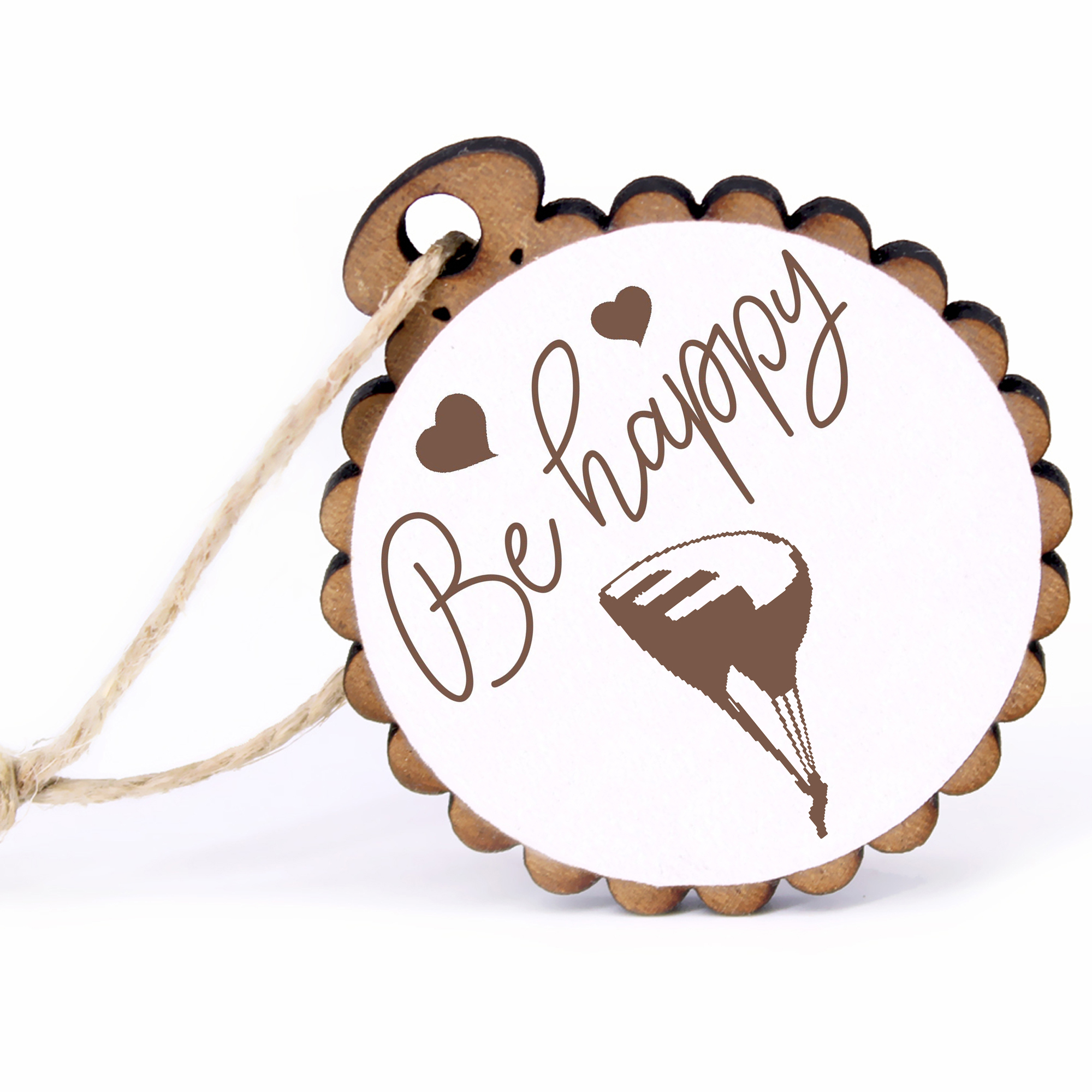 Geschenkanhänger - Be Happy Gleitschirm -  Holz Ø-5cm - mit Juteband