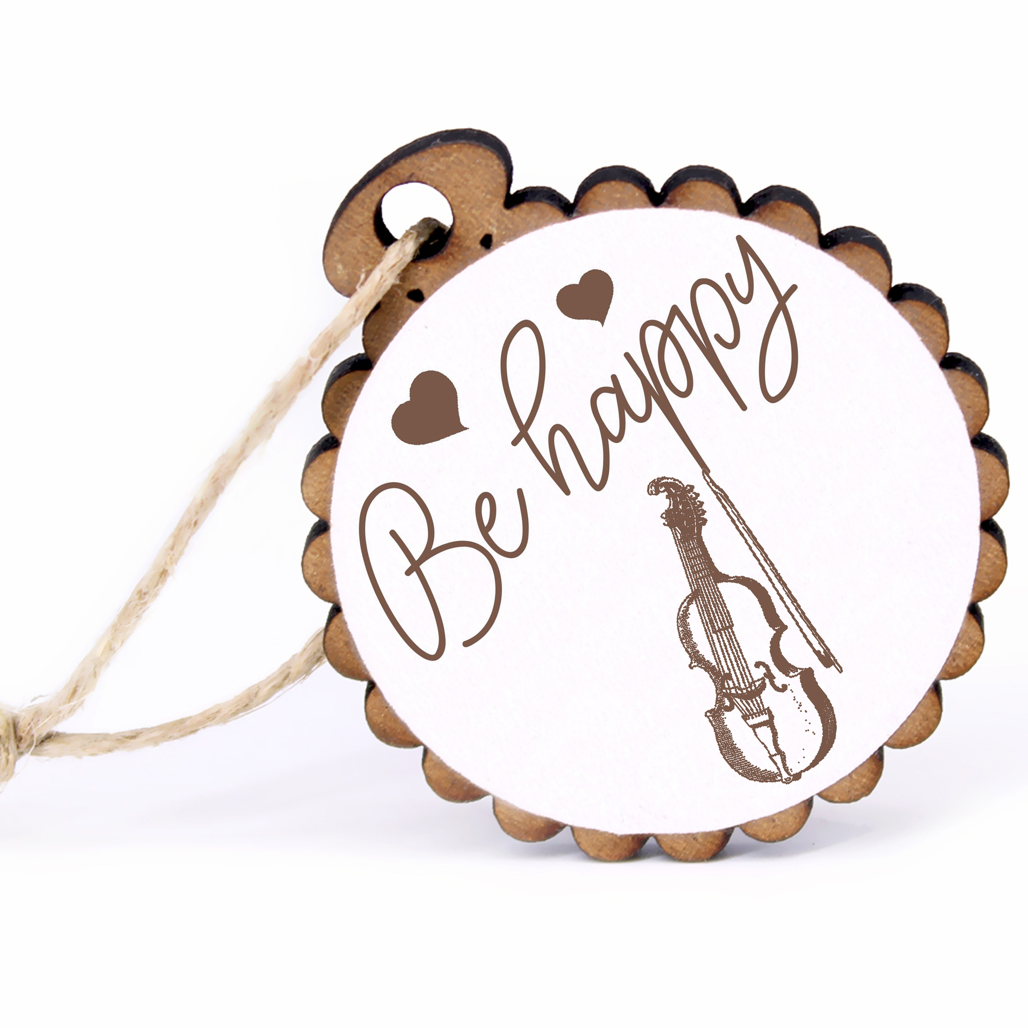 Geschenkanhänger - Be Happy Geige -  Holz Ø-5cm - mit Juteband