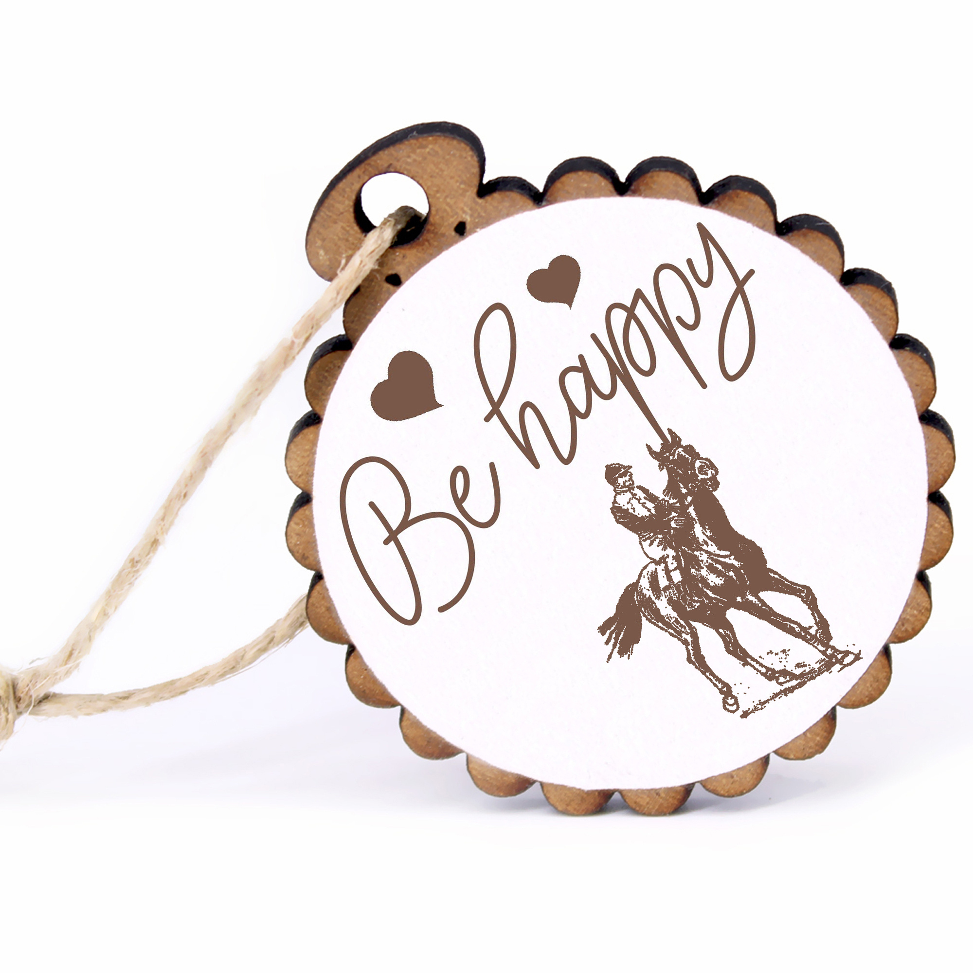 Geschenkanhänger - Be Happy Reiten -  Holz Ø-5cm - mit Juteband