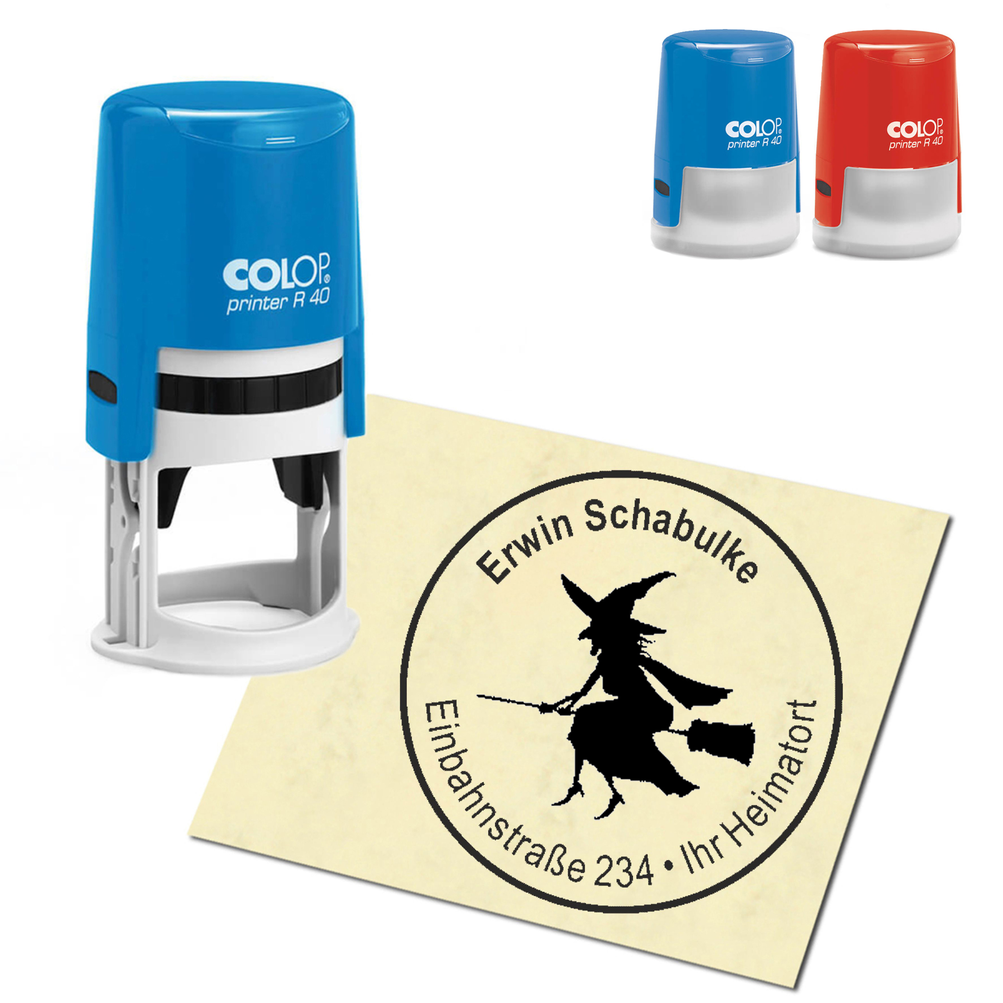 Stempel Adressstempel personalisiert - Hexe auf Besen - rund &empty; 40mm