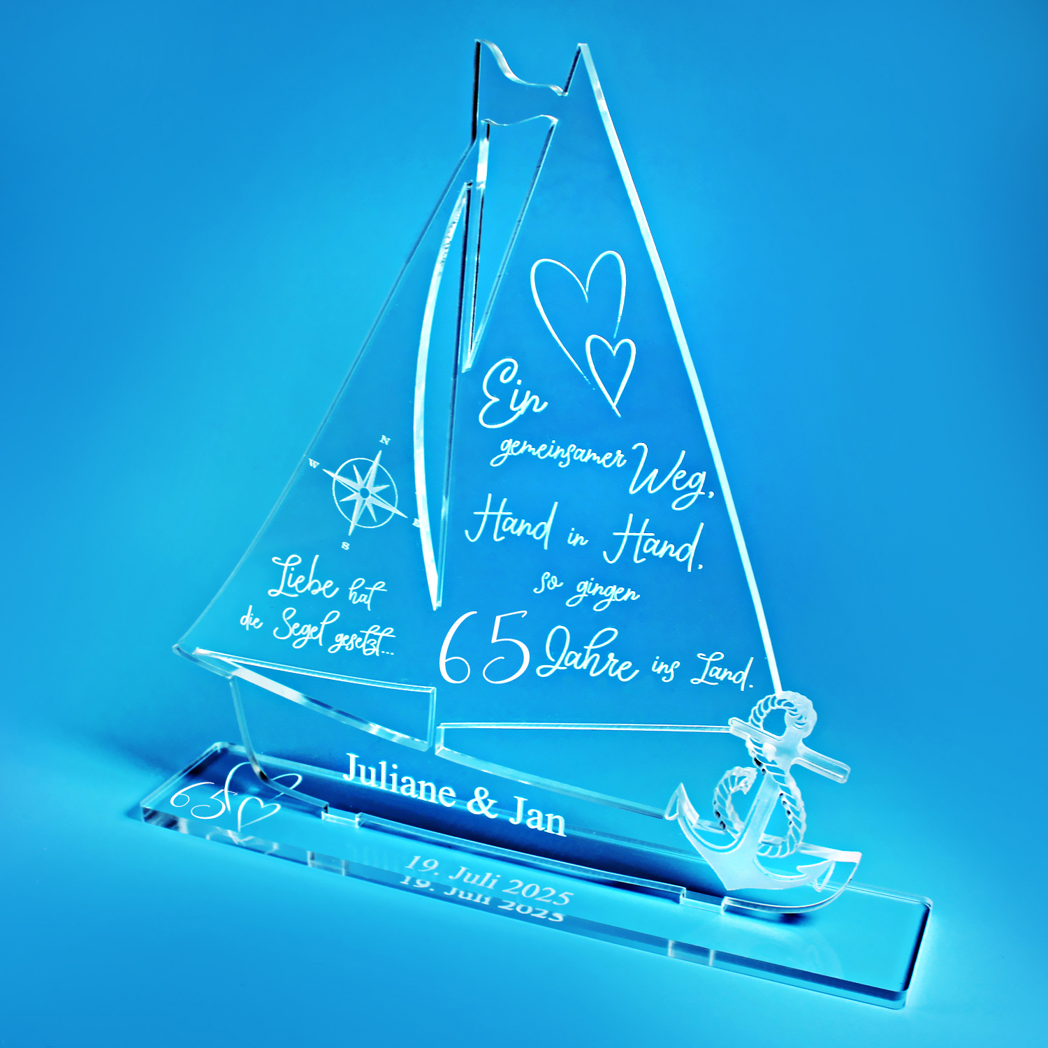Geschenk Eiserne Hochzeit personalisiertes Schiff aus Acryl 65 Eisernhochzeit- Personalisierte Geschenke zur Eisernen Hochzeit 