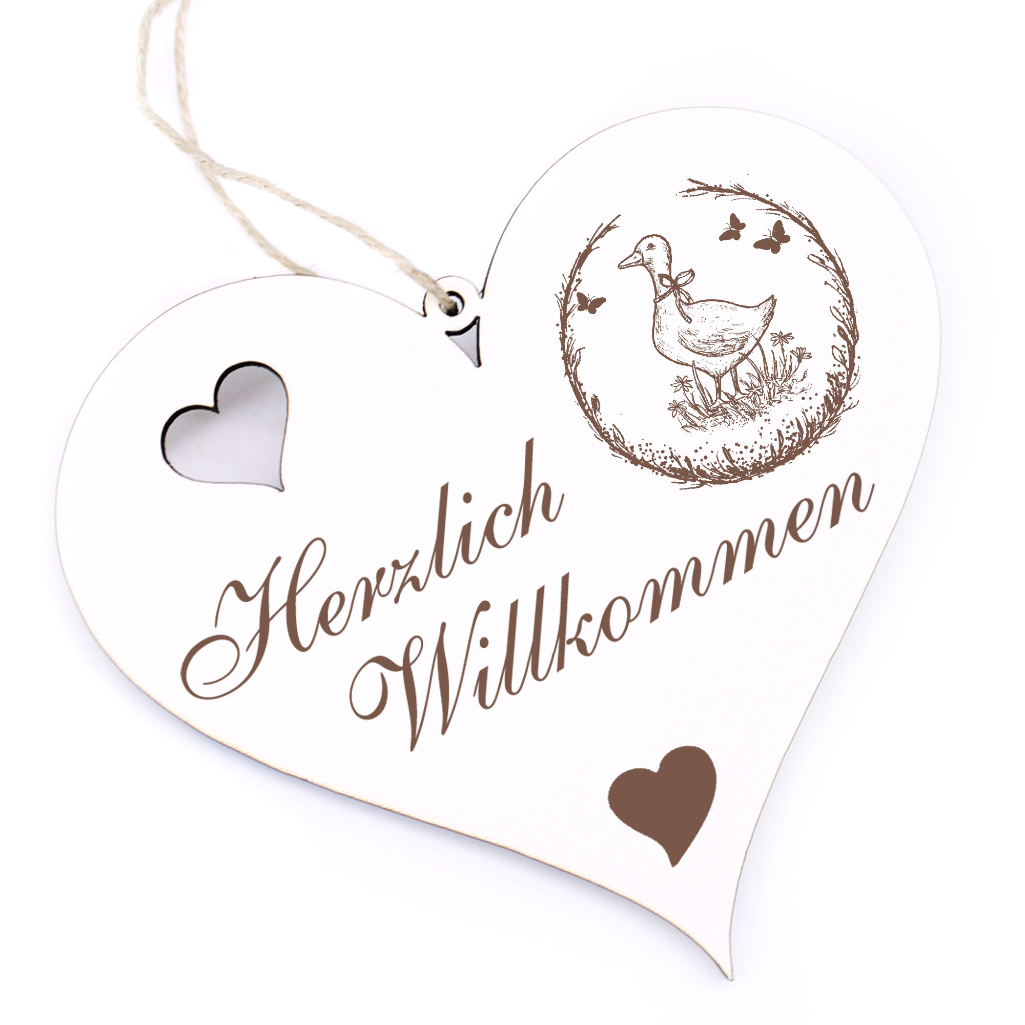 Herzlich Willkommen Schild - Gans auf der Wiese - Deko Herz Holz