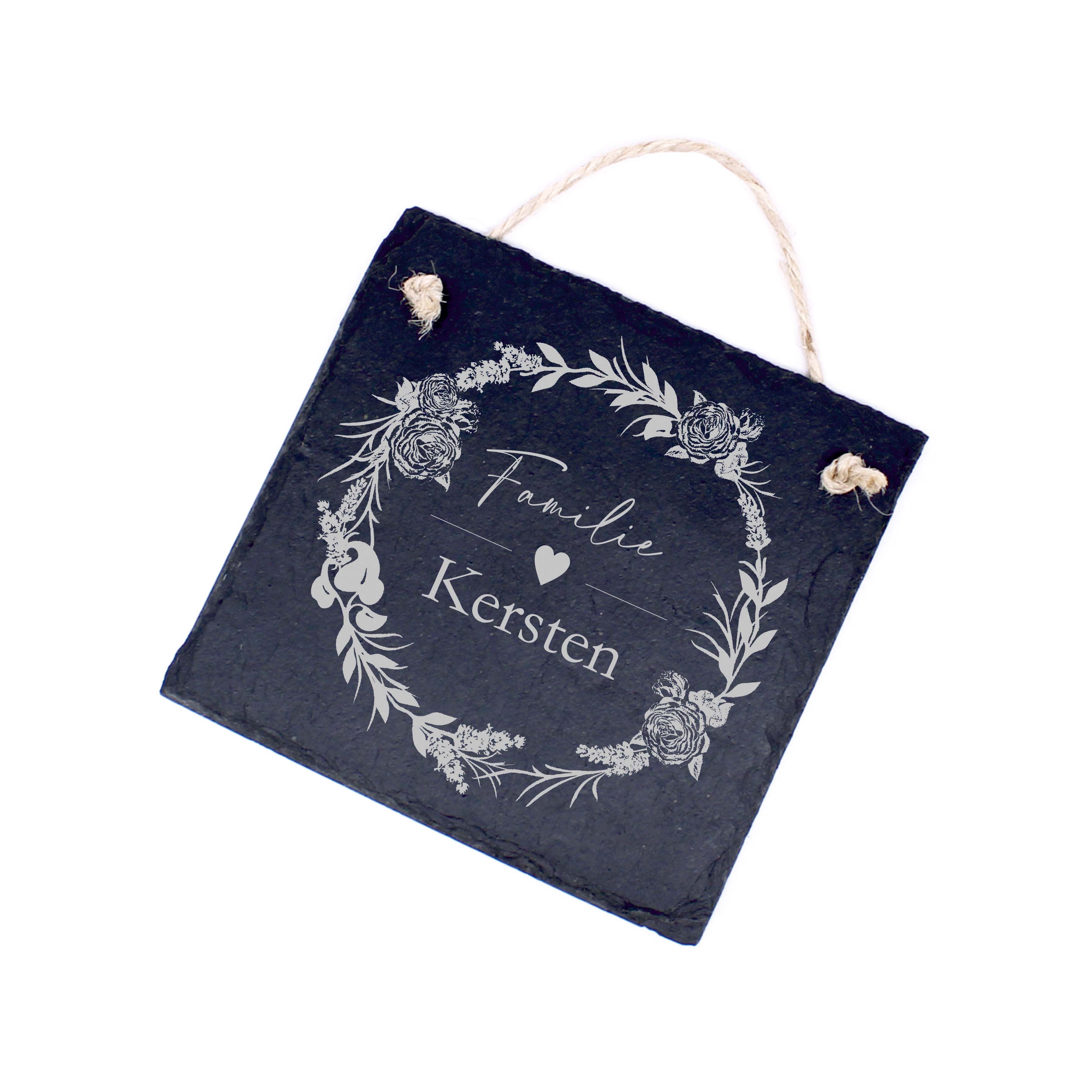 Schiefertafel Rosenkranz mit Familienname - Schild Türschild 11x11 cm