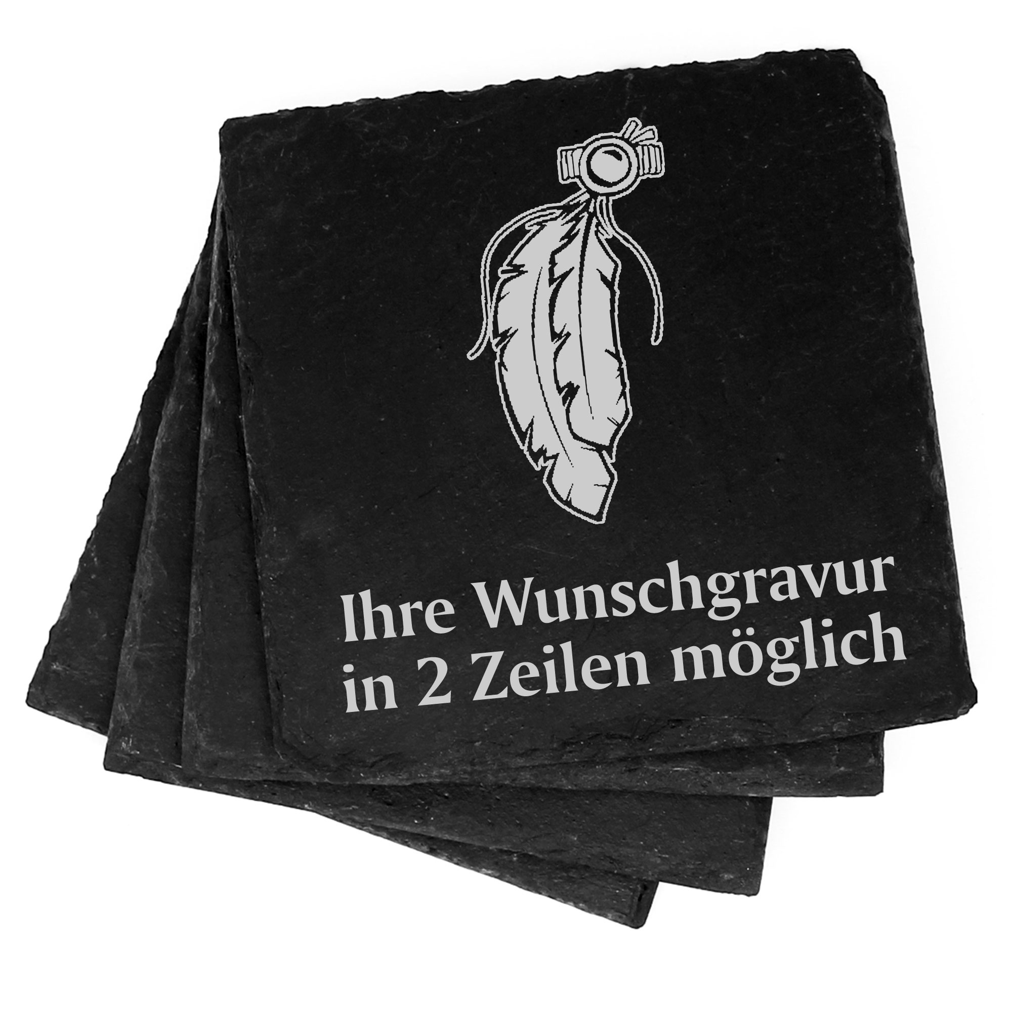 4x Indianerfeder Deko Schiefer Untersetzer Wunschgravur Set - 11 x 11 cm