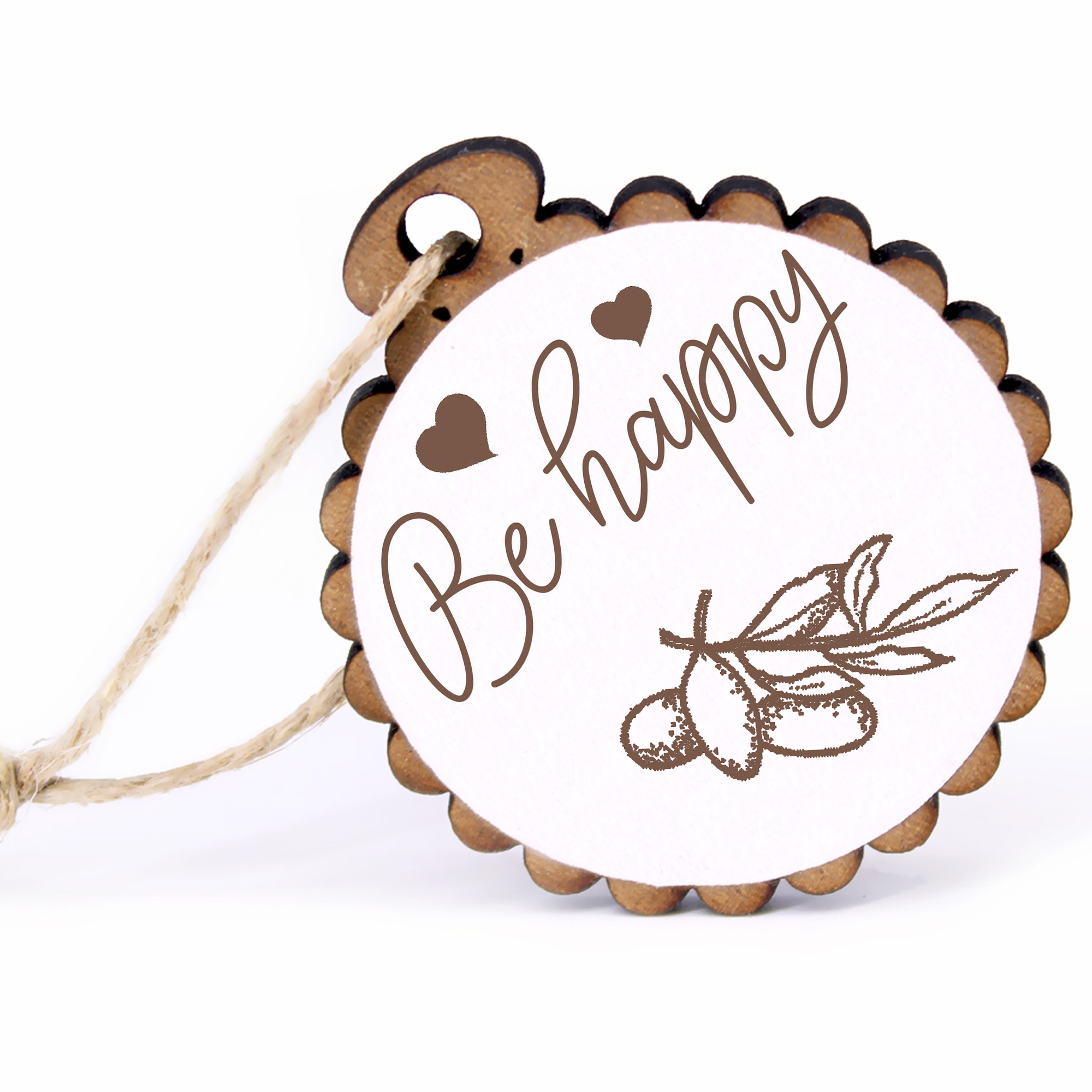 Geschenkanhänger - Be Happy Olive -  Holz Ø-5cm - mit Juteband