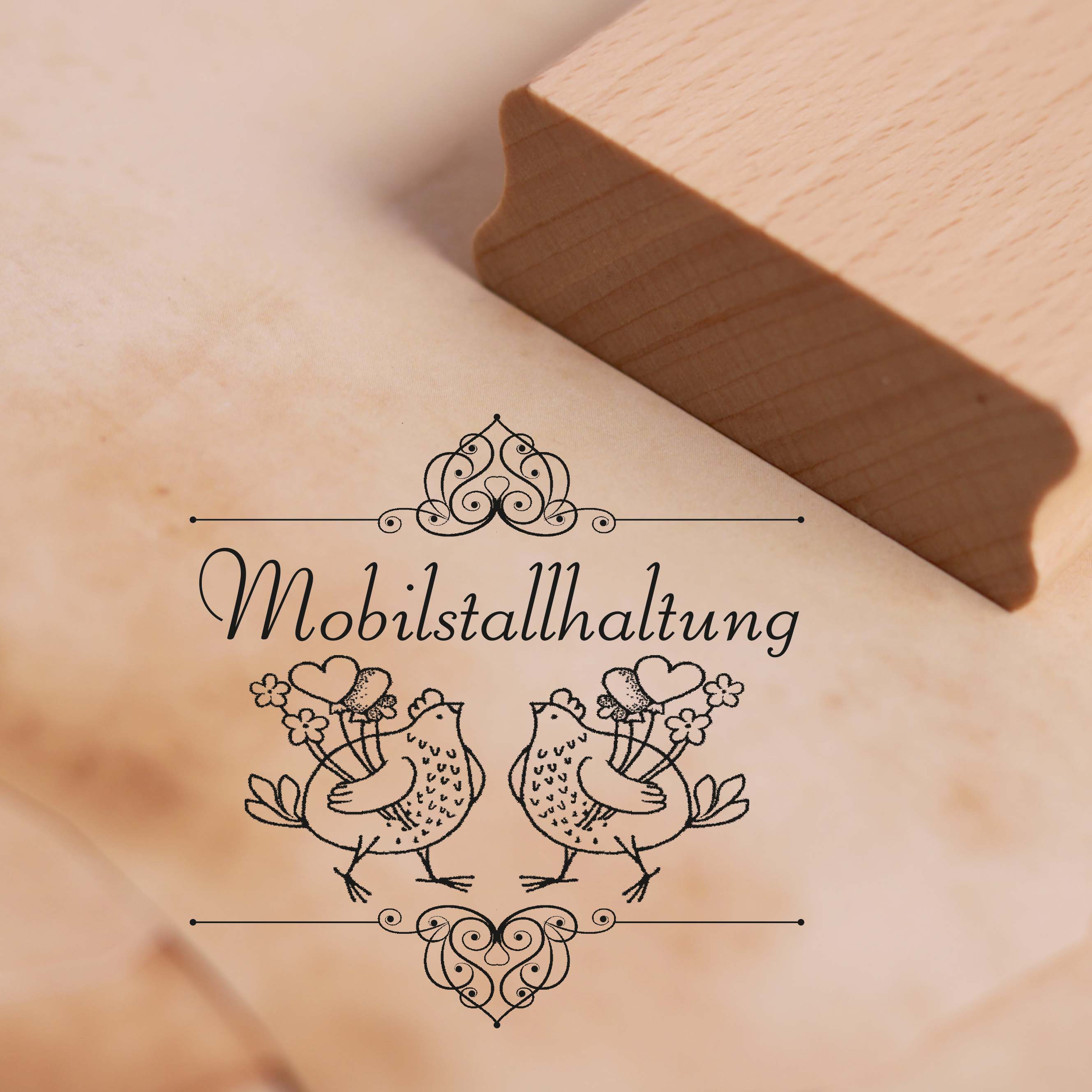 Stempel Mobilstallhaltung - Hühner mit Herzen Vintage Ornament - Motivstempel für Eierkarton 68x68mm