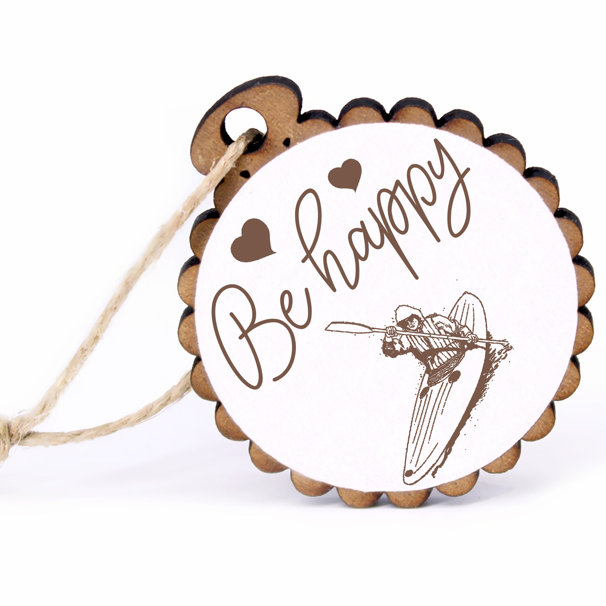 Geschenkanhänger - Be Happy Kanu -  Holz Ø-5cm - mit Juteband