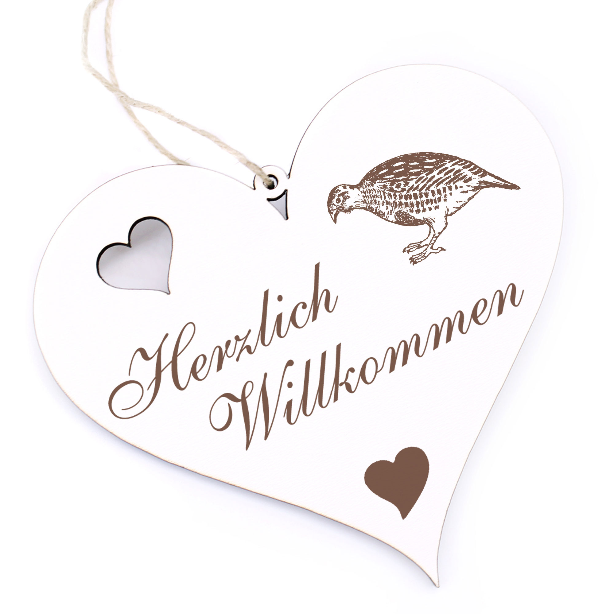Herzlich Willkommen Schild - Rebhuhn - Deko Herz Holz