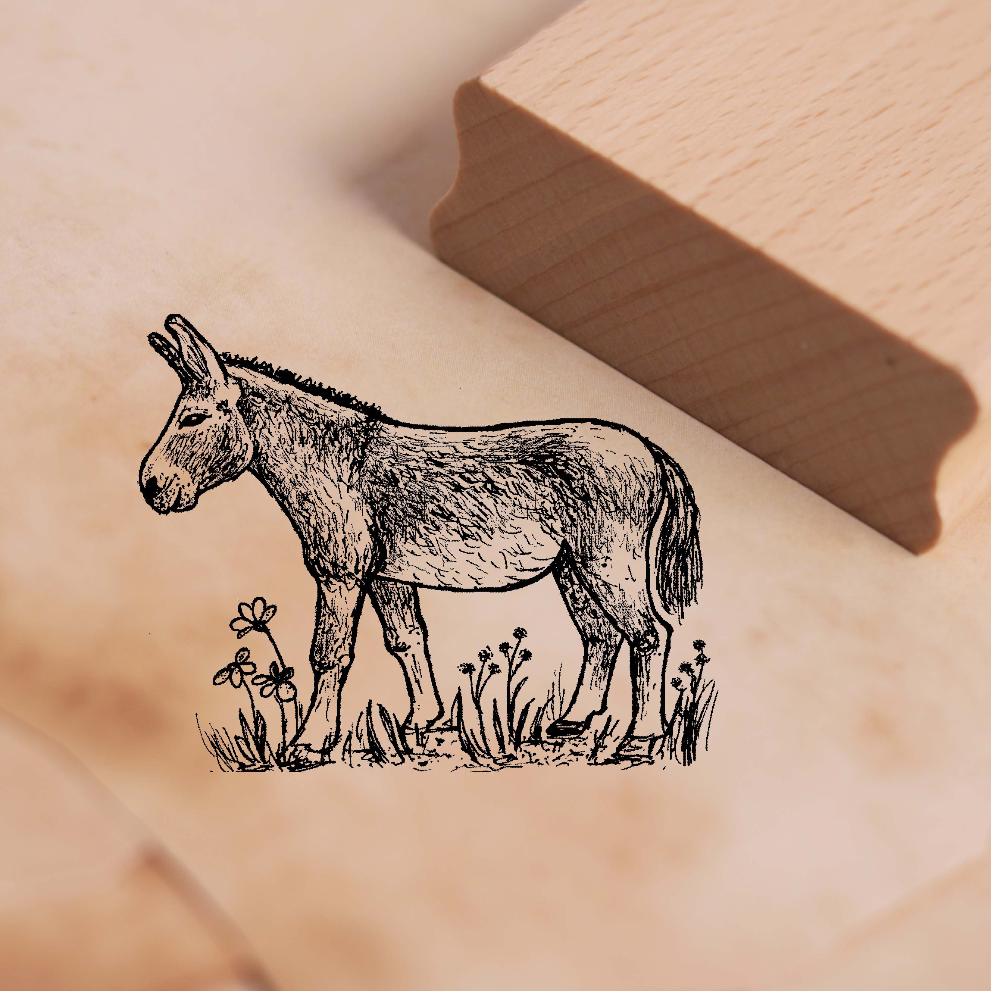 Motivstempel Esel steht auf der Wiese - Stempel Holzstempel 48 x 38 mm
