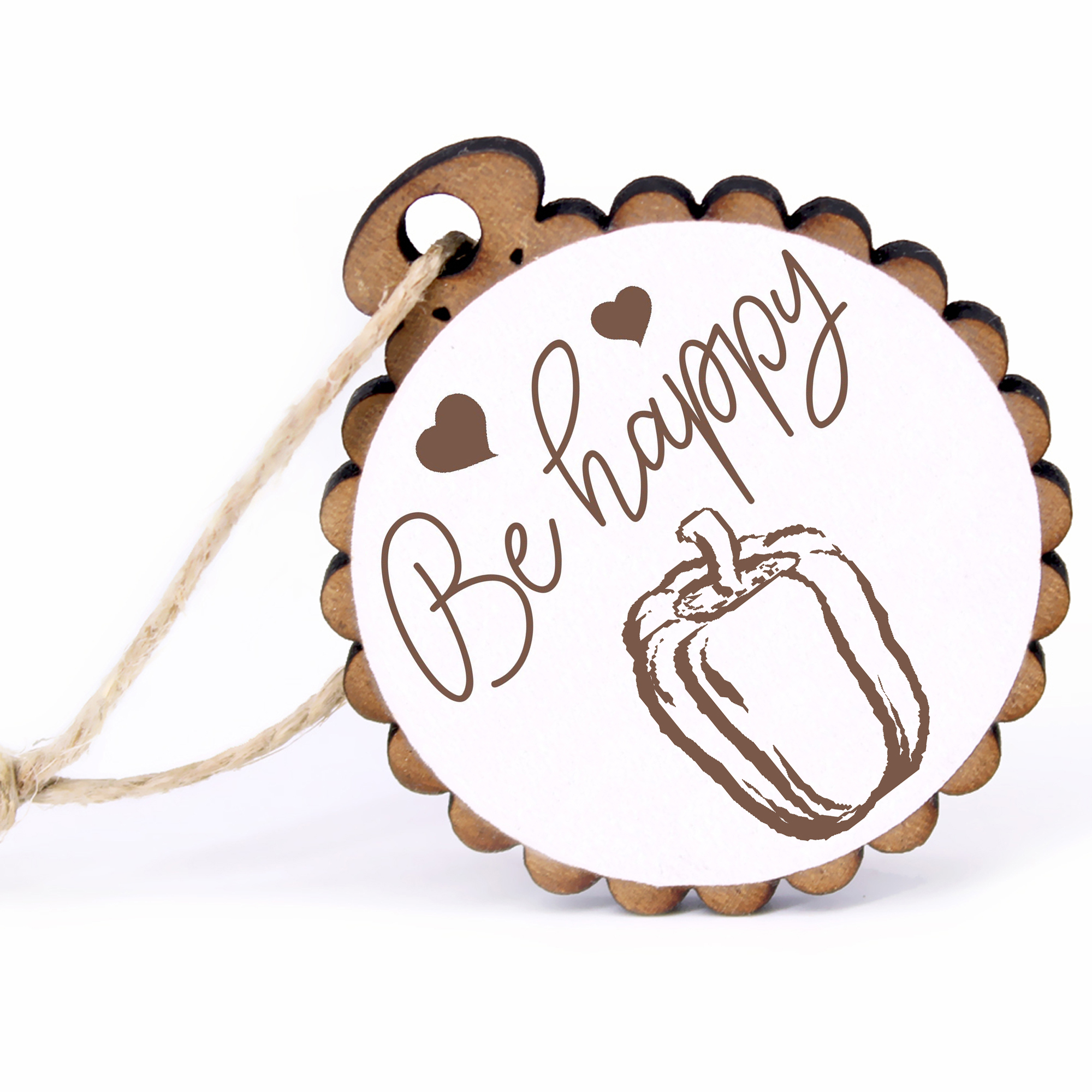Geschenkanhänger - Be Happy Bellpepper -  Holz Ø-5cm - mit Juteband