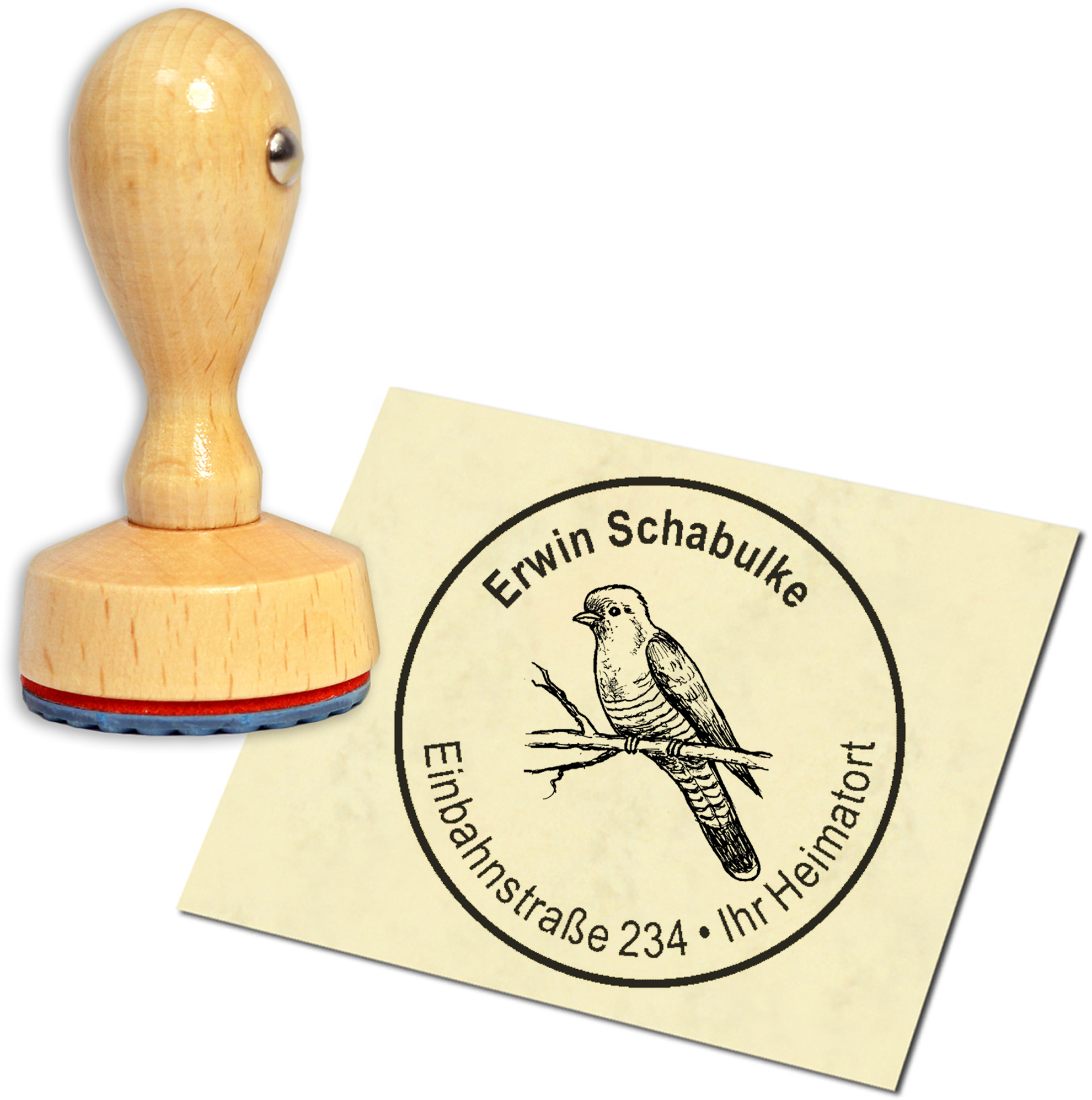 Stempel Adressstempel Holzstempel - Kuckuck auf Ast - rund 40mm