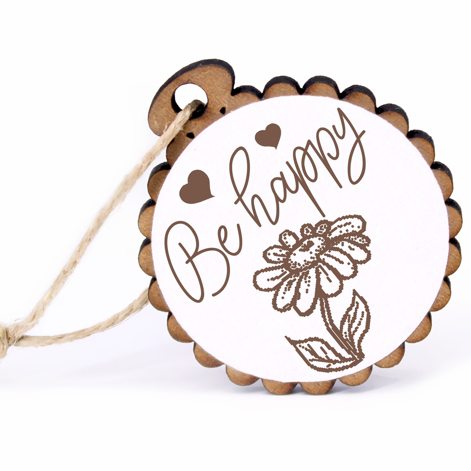 Geschenkanhänger - Be Happy Gänseblümchen -  Holz Ø-5cm - mit Juteband