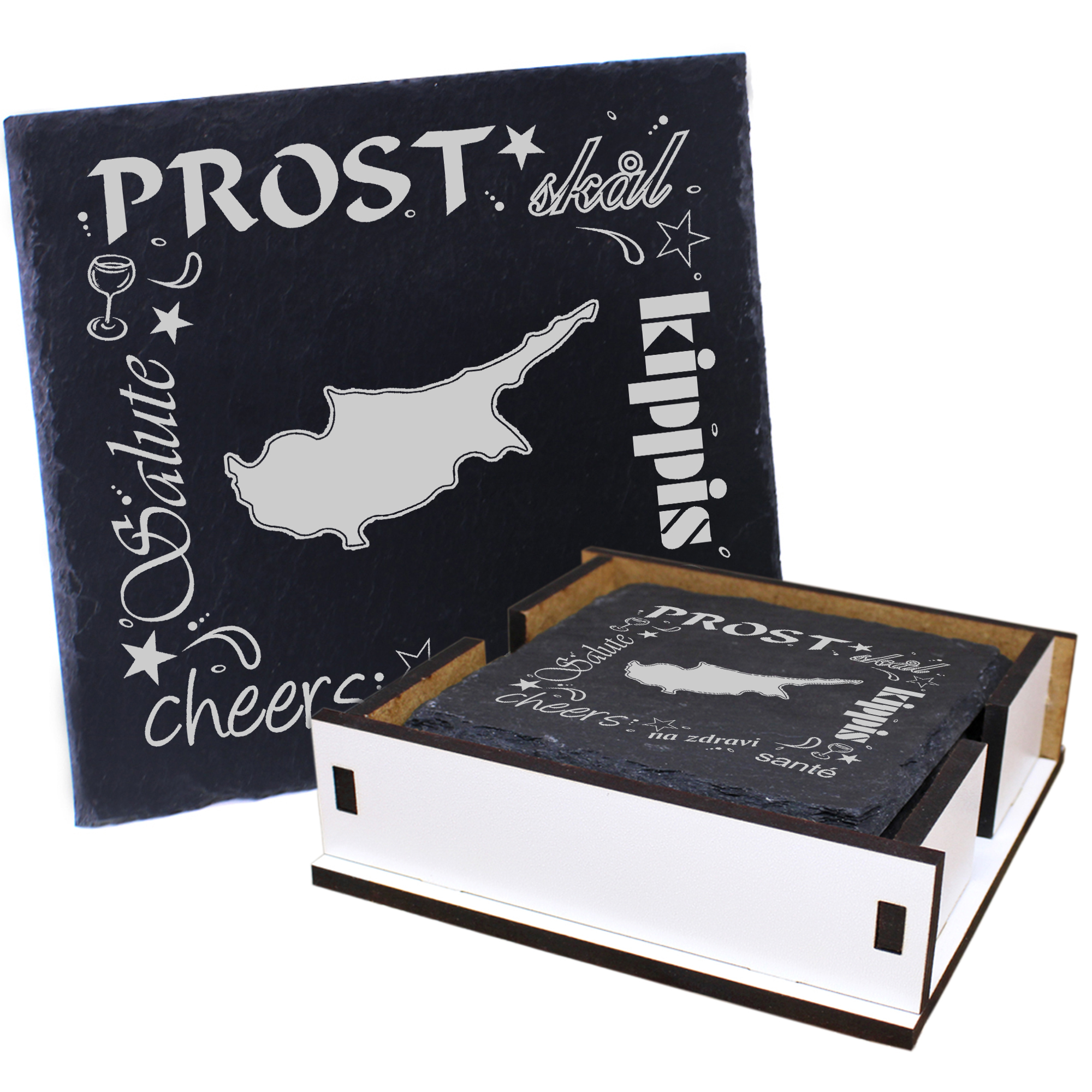 5 x Schiefer Untersetzer - Prost Insel Zypern - inkl. Holzbox & Flaschenuntersetzer