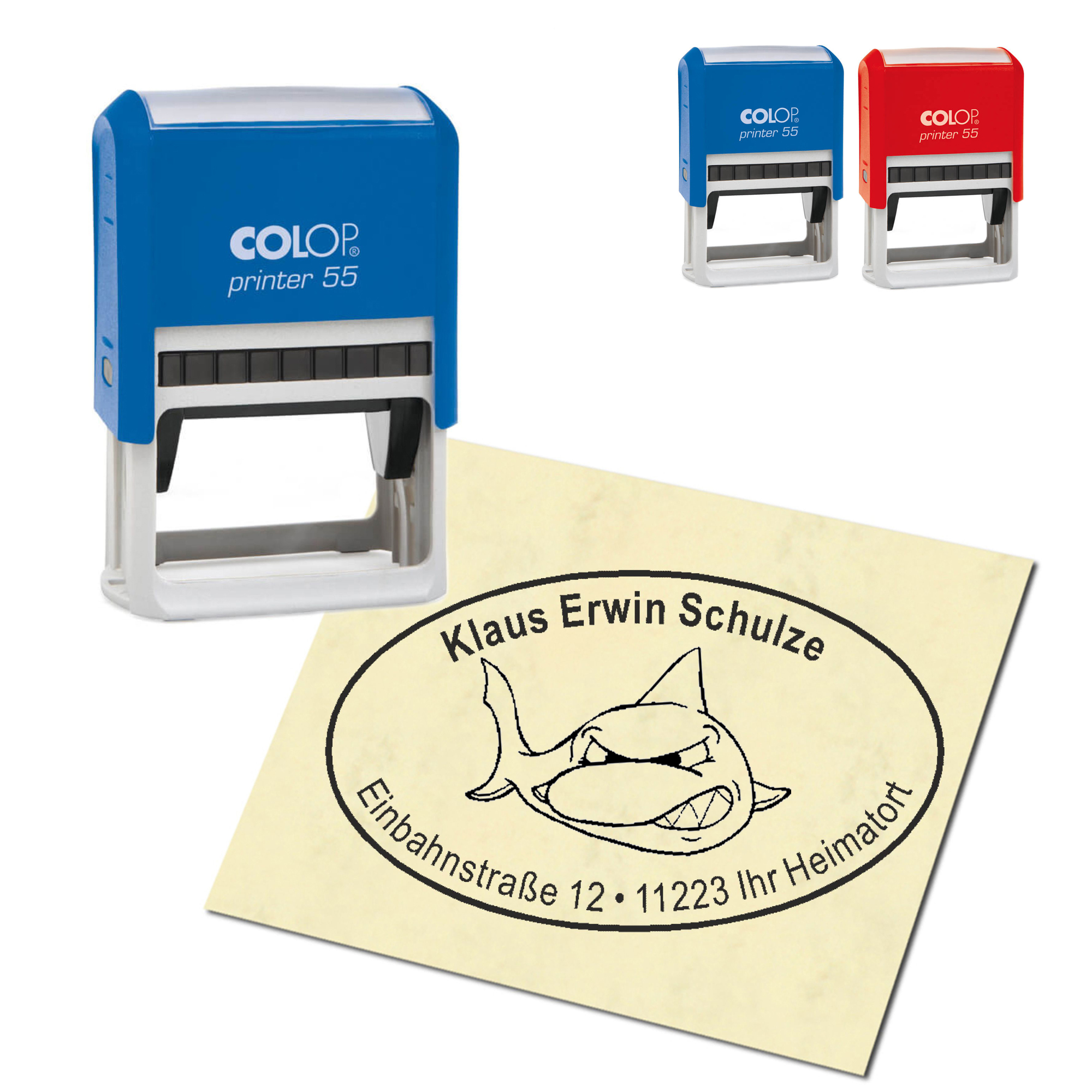 Adressstempel personalisiert Stempel - lachender Hai - oval 59 x 39 mm