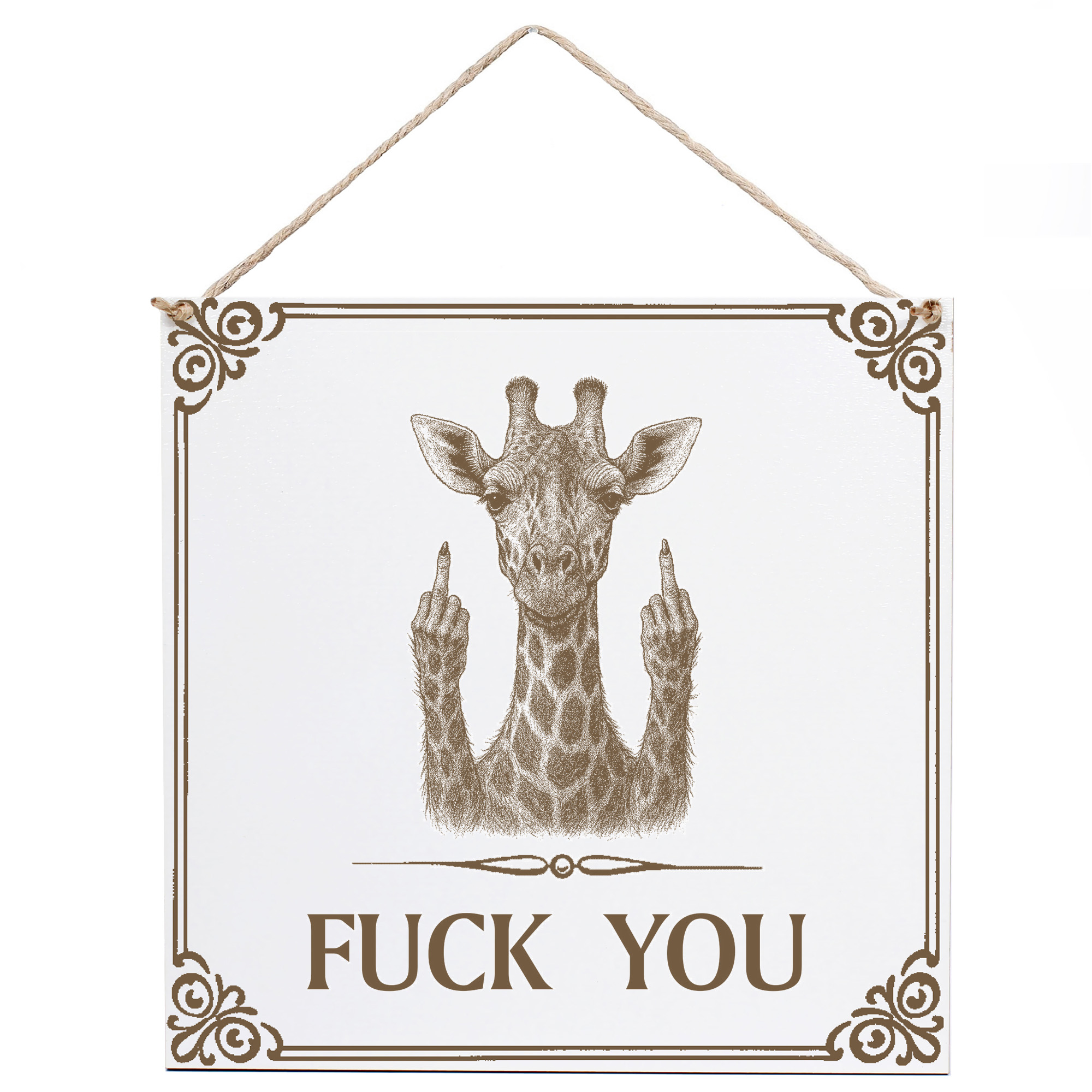 Giraffe Wandschild „Fuck You“ – Weißes HDF-Dekoschild 15×15 cm (auch 20×20 cm)