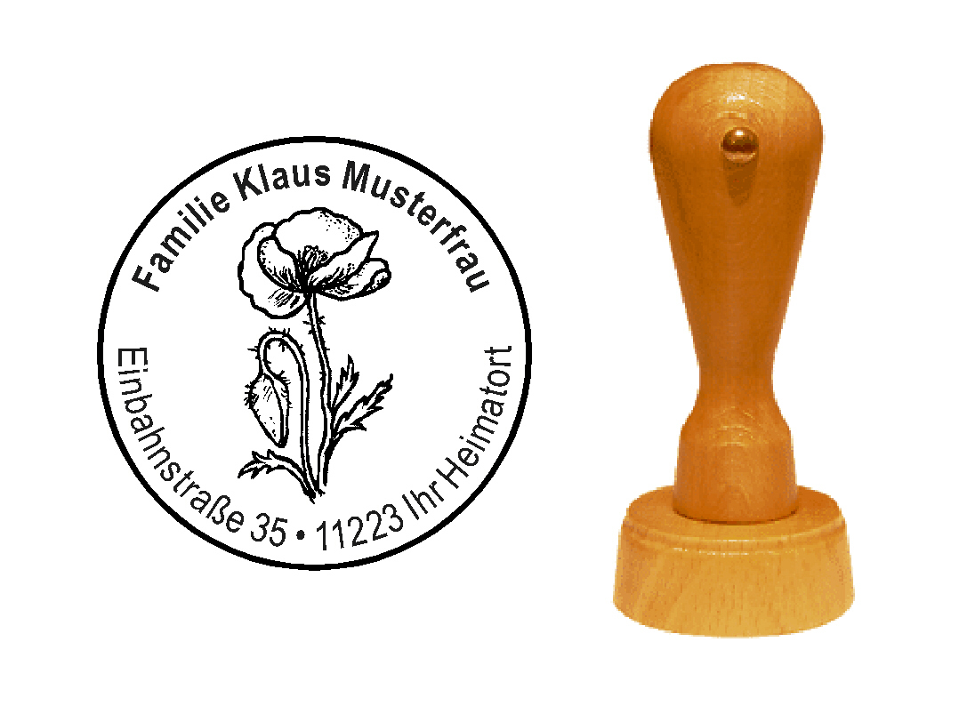 « Mohn » Holzstempel mit persönlichem Wunschtext