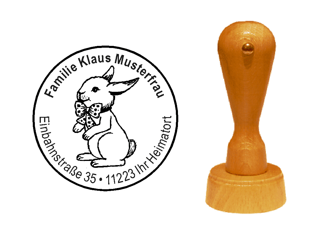 « Hase mit Schleife » Holzstempel mit persönlichem Wunschtext