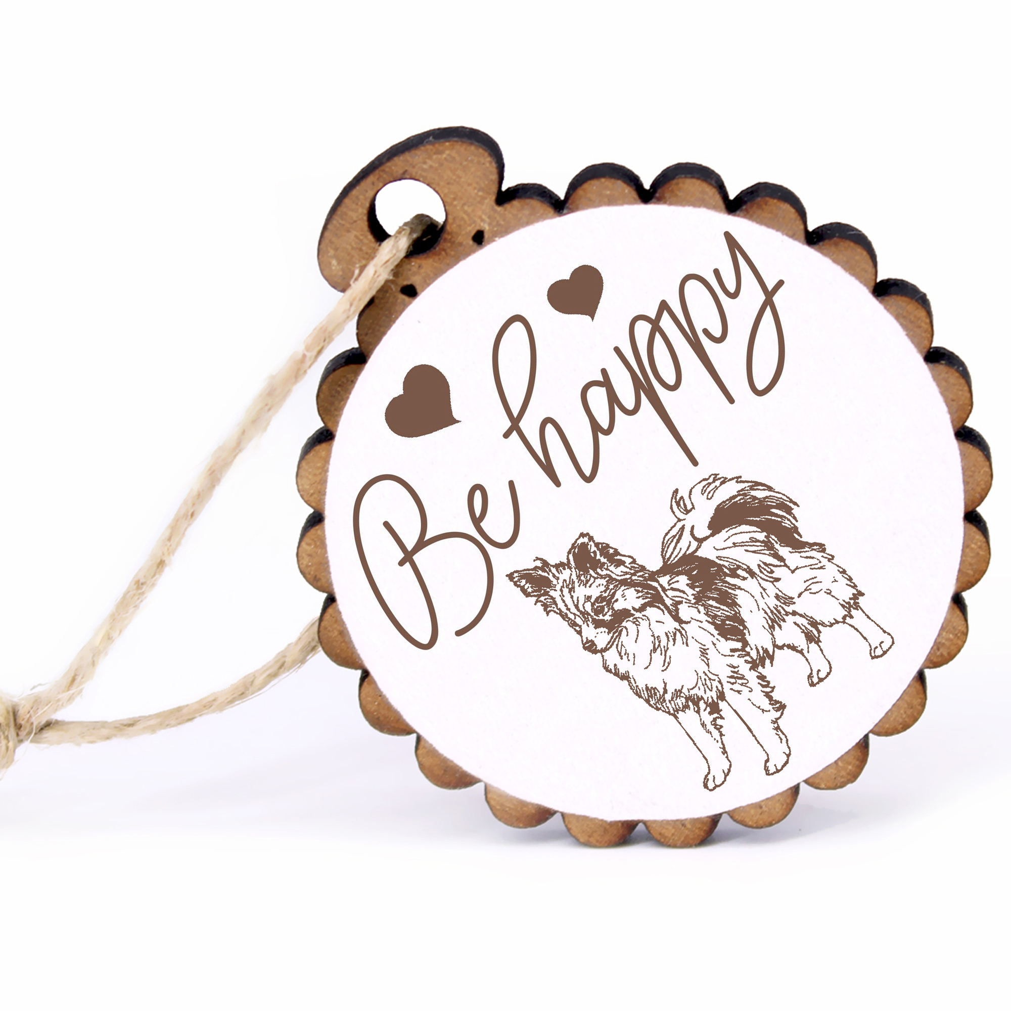 Geschenkanhänger - Be Happy Papillon Kontinentaler Zwergspaniel -  Holz Ø-5cm - mit Juteband