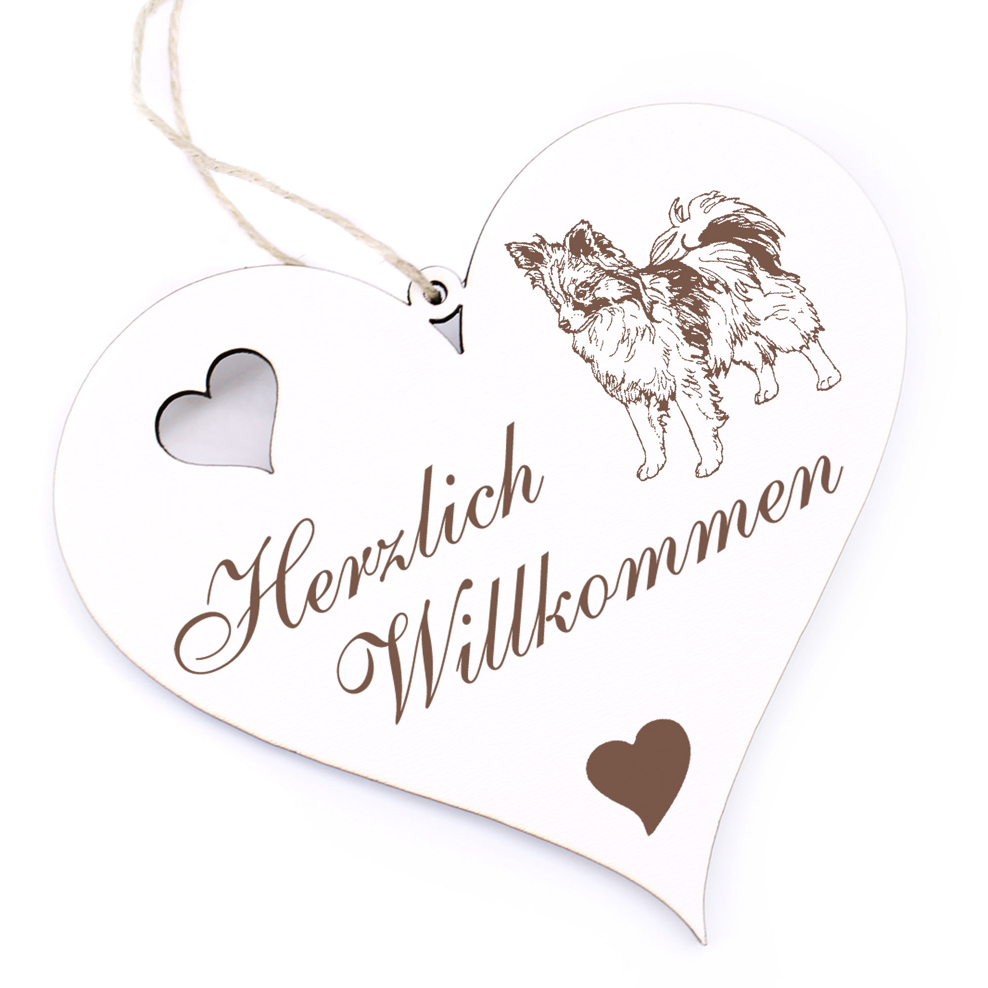 Herzlich Willkommen Schild - Papillon Kontinentaler Zwergspaniel - Deko Herz Holz