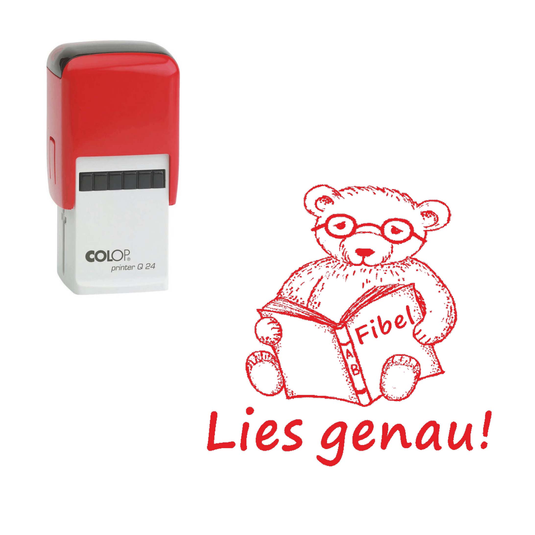 Lehrerstempel Lies genau - Automatikstempel Kinder Motivstempel Bär Fibel ABC 24 x 24 mm