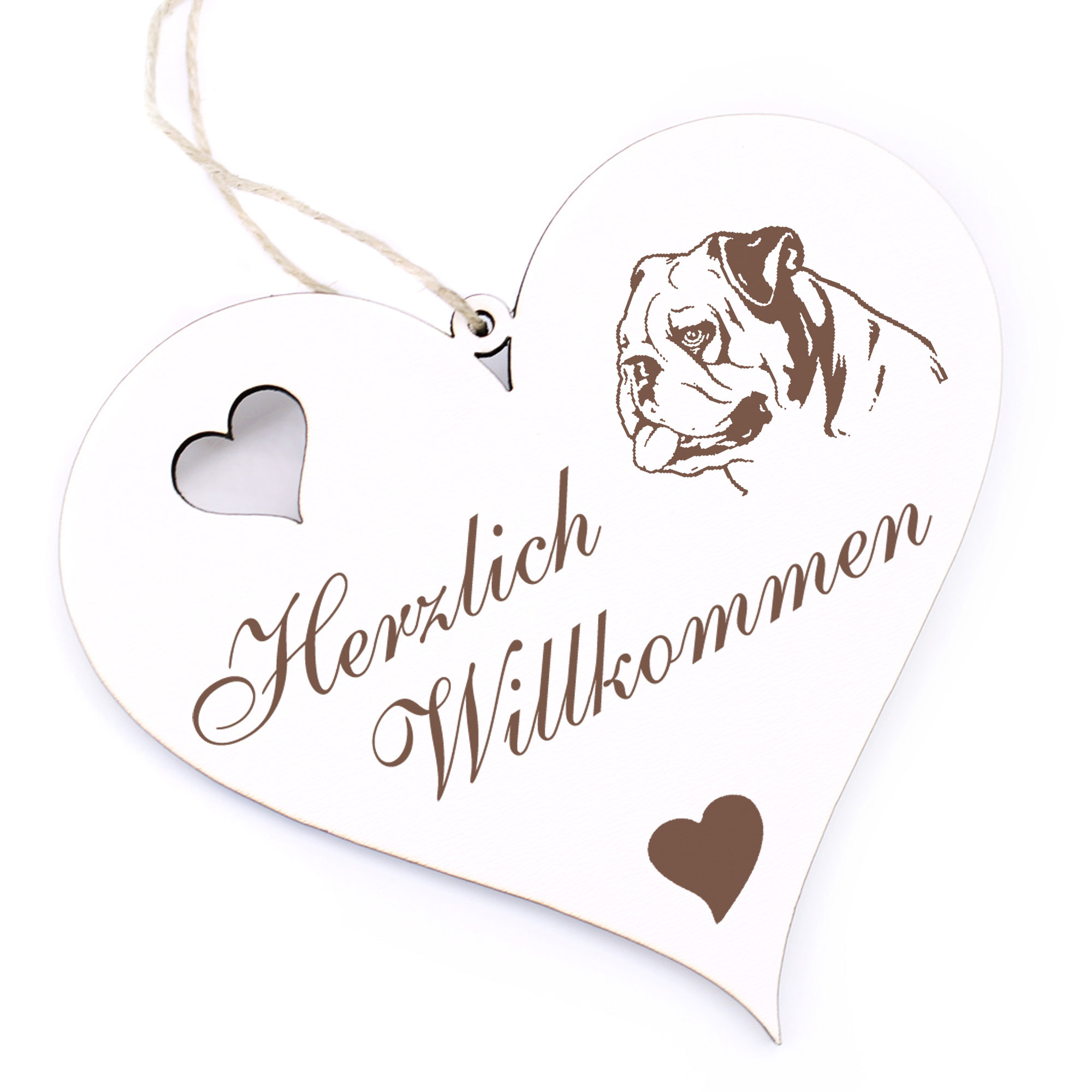 Herzlich Willkommen Schild - Englische Bulldoge - Deko Herz Holz