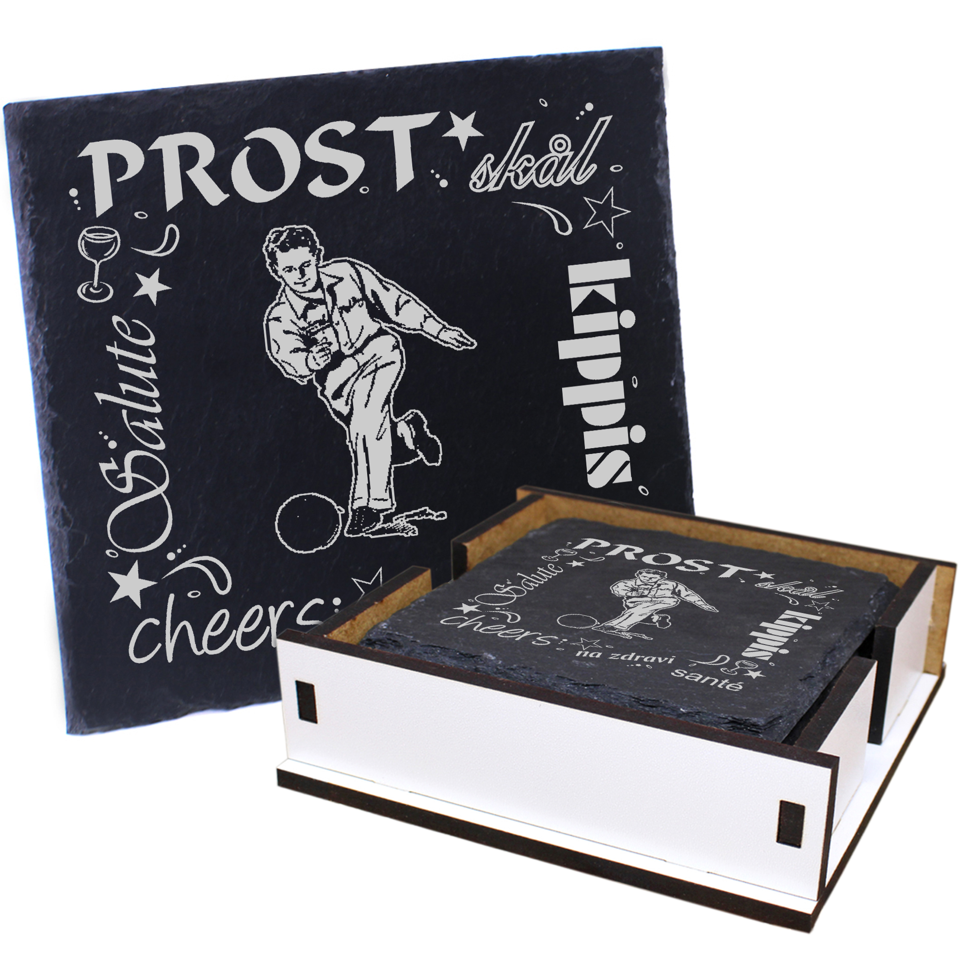 5 x Schiefer Untersetzer - Prost Bownling - inkl. Holzbox & Flaschenuntersetzer