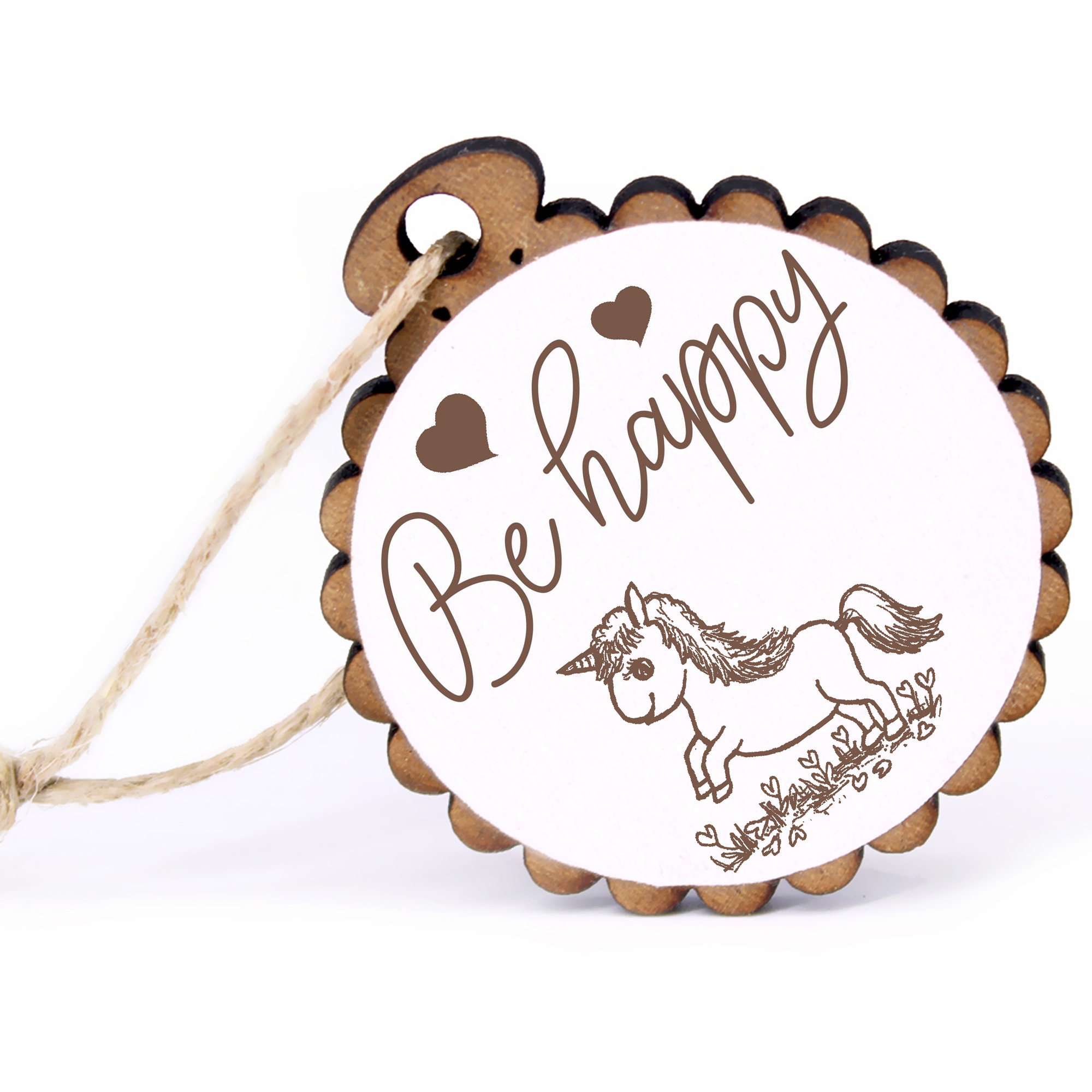 Geschenkanhänger - Be Happy Einhornbaby -  Holz Ø-5cm - mit Juteband