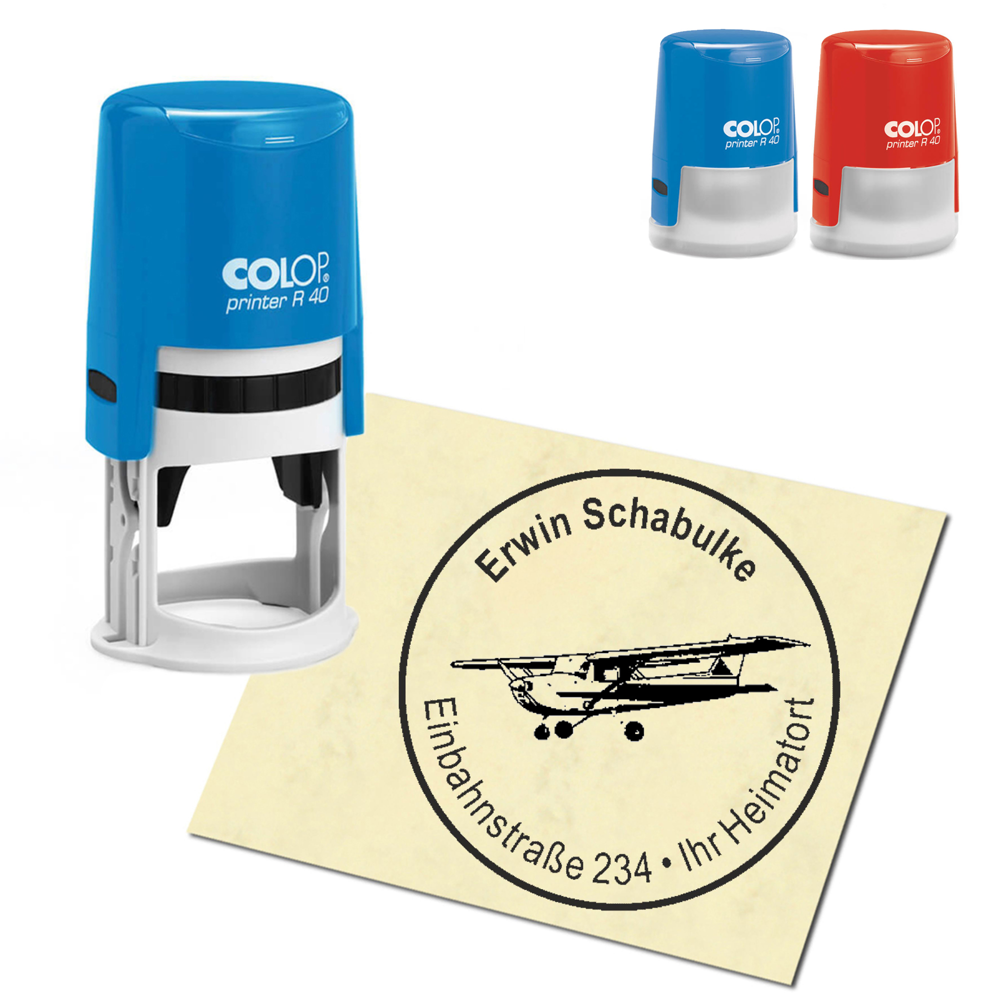 Stempel Adressstempel personalisiert - Kleinflugzeug - rund &empty; 40mm