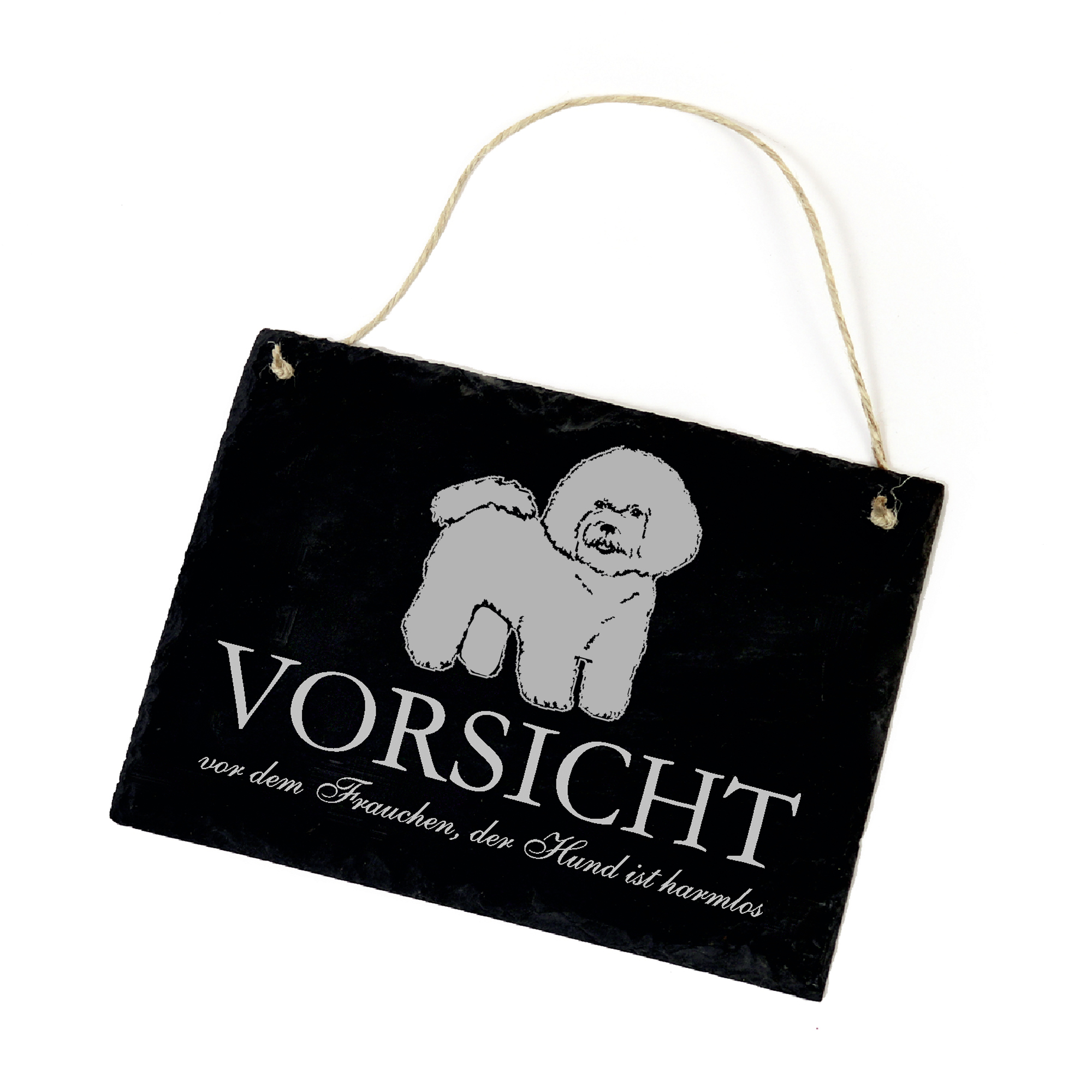 Hundeschild Bichon Frise Schild aus Schiefer - Vorsicht vor dem Frauchen - 22cm x 16cm