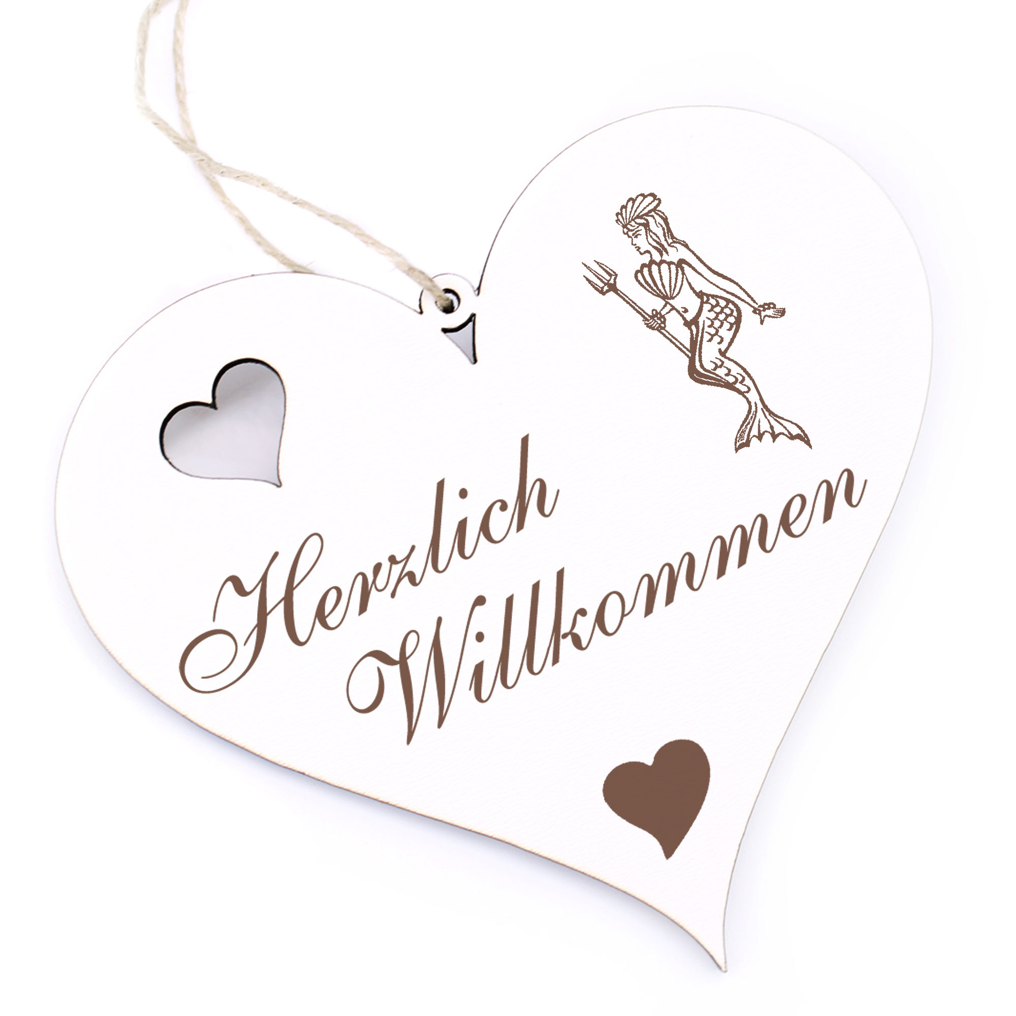 Herzlich Willkommen Schild - Meerjungfrau - Deko Herz Holz