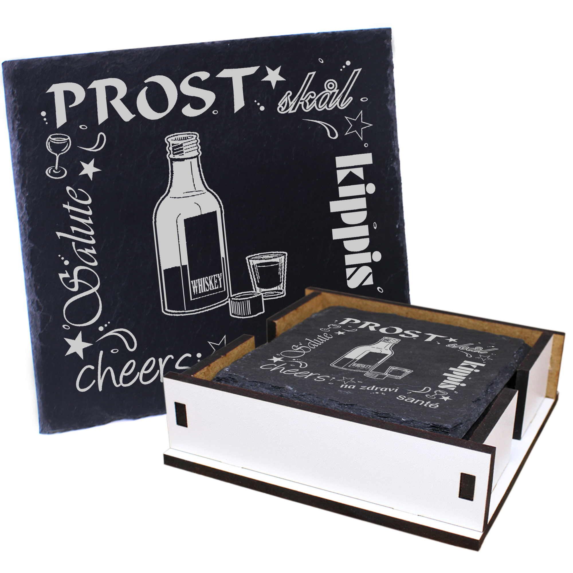 5 x Schiefer Untersetzer - Prost Schnapsflasche - inkl. Holzbox & Flaschenuntersetzer