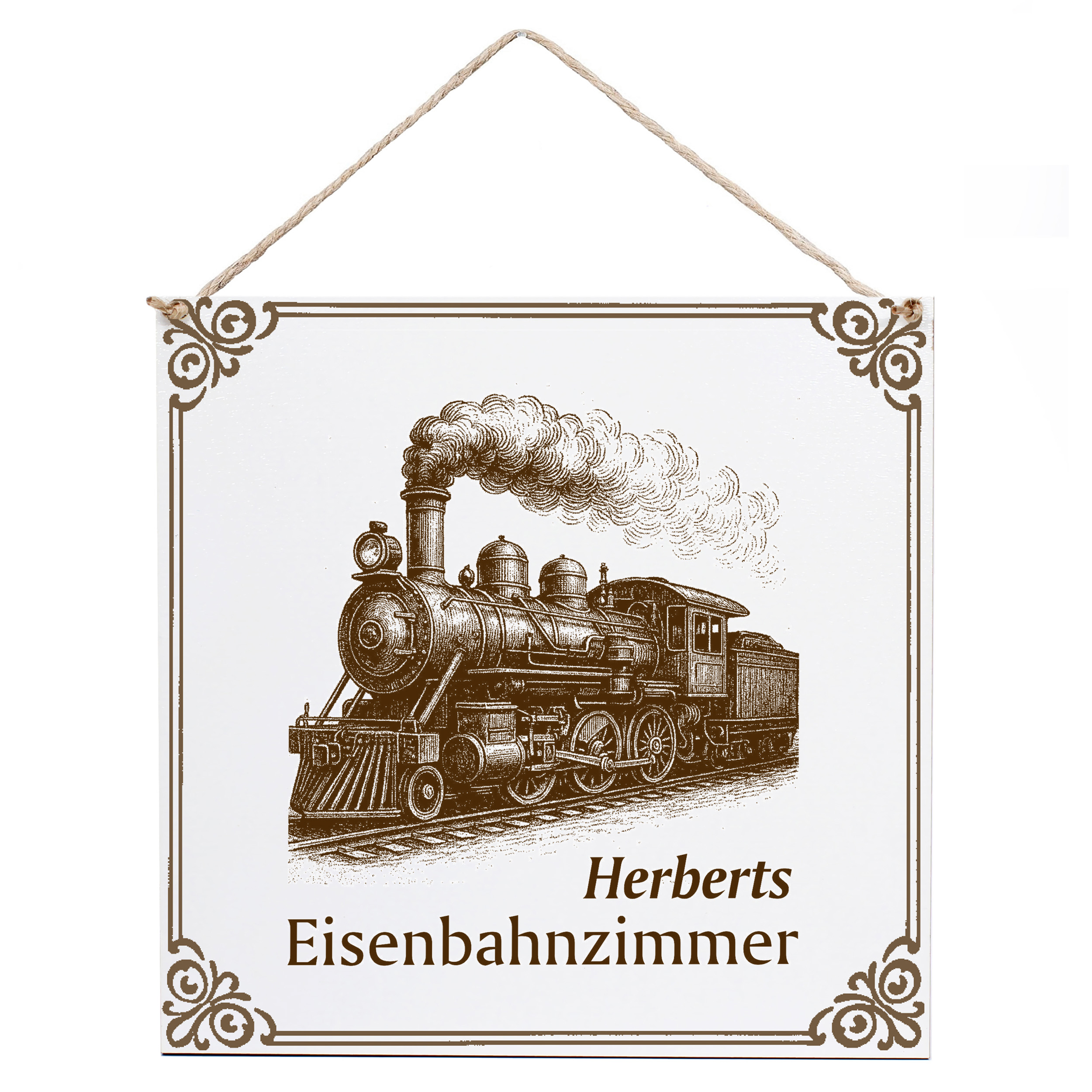 Dekoschild Eisenbahnzimmer 15×15 cm aus weißem HDF – Graviertes Spruchschild