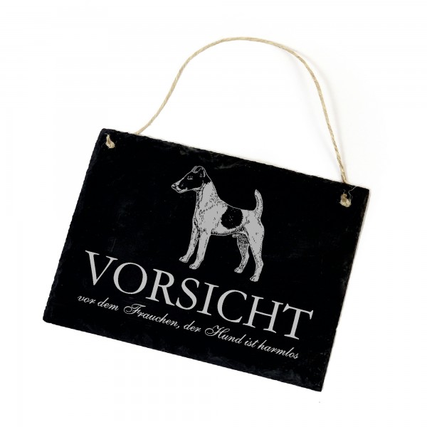 Hundeschild Glatthaar Foxterrier Schild aus Schiefer - Vorsicht vor dem Frauchen - 22cm x 16cm