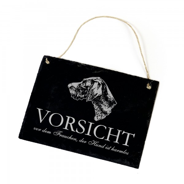 Hundeschild Deutsch Drahthaar Schild aus Schiefer - Vorsicht vor dem Frauchen - 22cm x 16cm