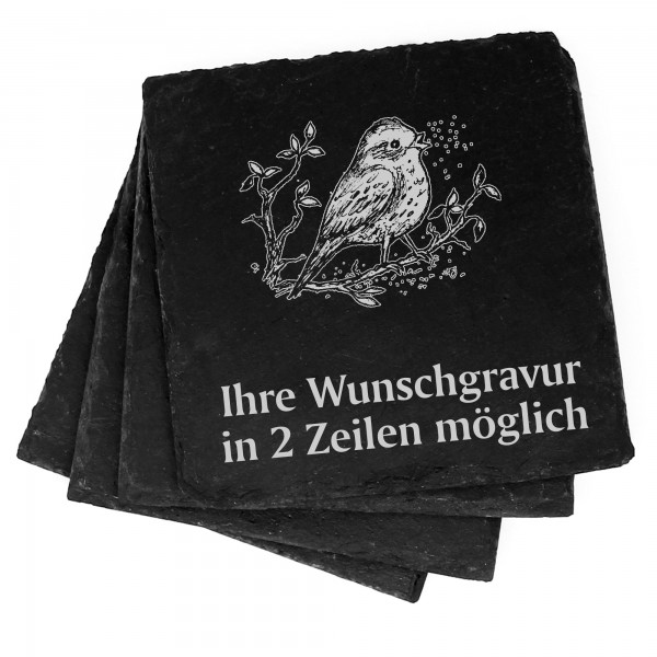 4x singender Vogel auf Zweig Deko Schiefer Untersetzer Wunschgravur Set - 11 x 11 cm