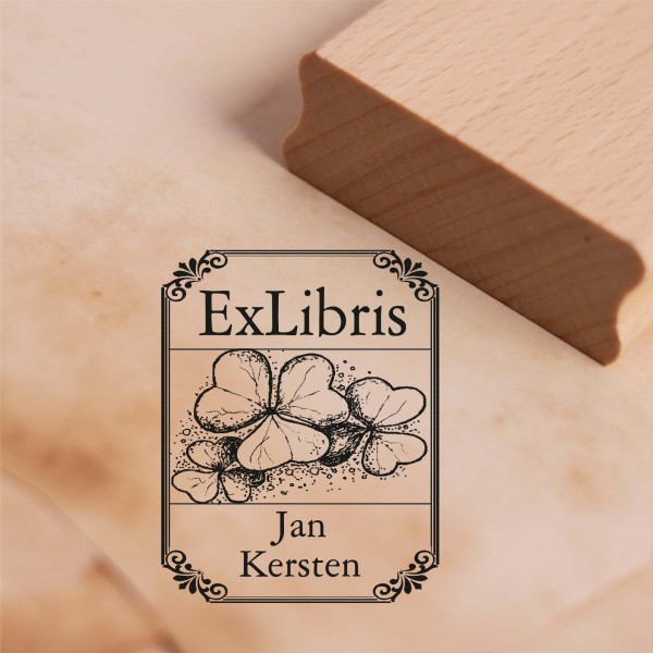 Ex Libris Stempel Kleeblatt mit Name - Vintage Rahmen - Exlibris Motivstempel 38 x 48 mm