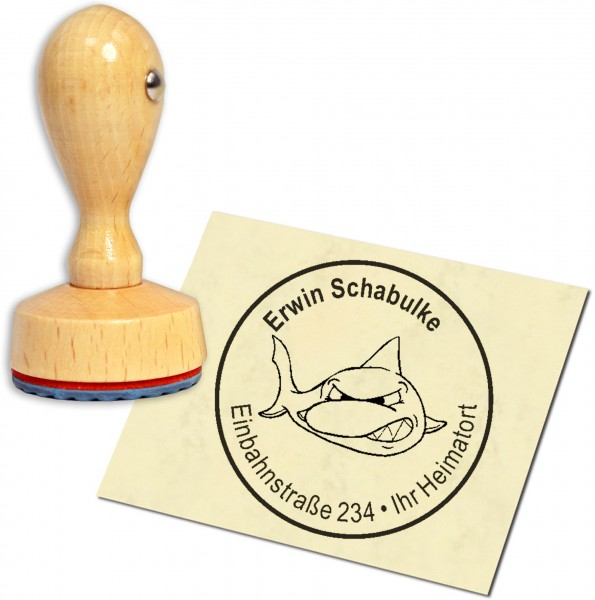 Stempel Adressstempel Holzstempel - lachender Hai - rund 40mm