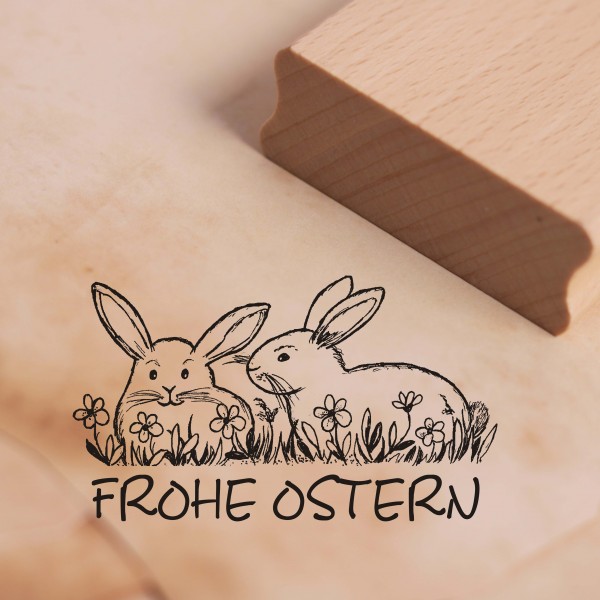 Motivstempel Frohe Ostern - 2 Osterhasen im Gras Stempel 48 x 28 mm