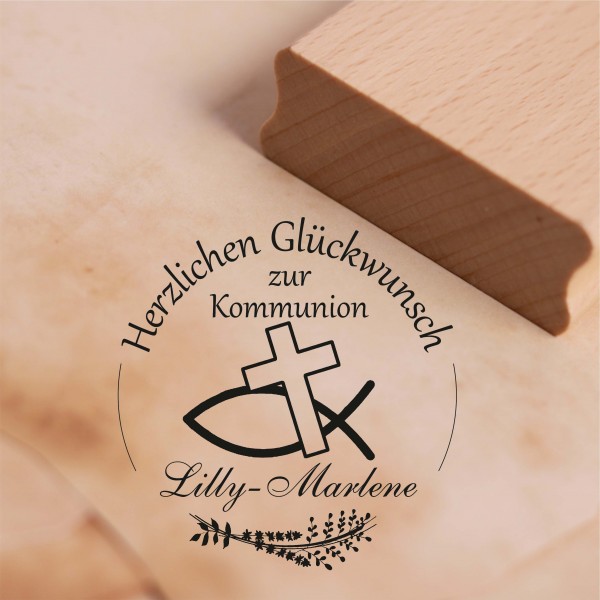 Stempel Herzlichen Glückwunsch zur Kommunion - mit Name - Motiv Christenfisch Kreuz Motivstempel