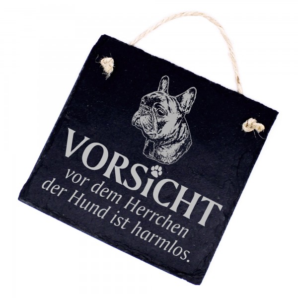 Hundeschild französiche Bulldogge Schild aus Schiefer - Vorsicht vor dem Herrchen - 11cm x 11cm